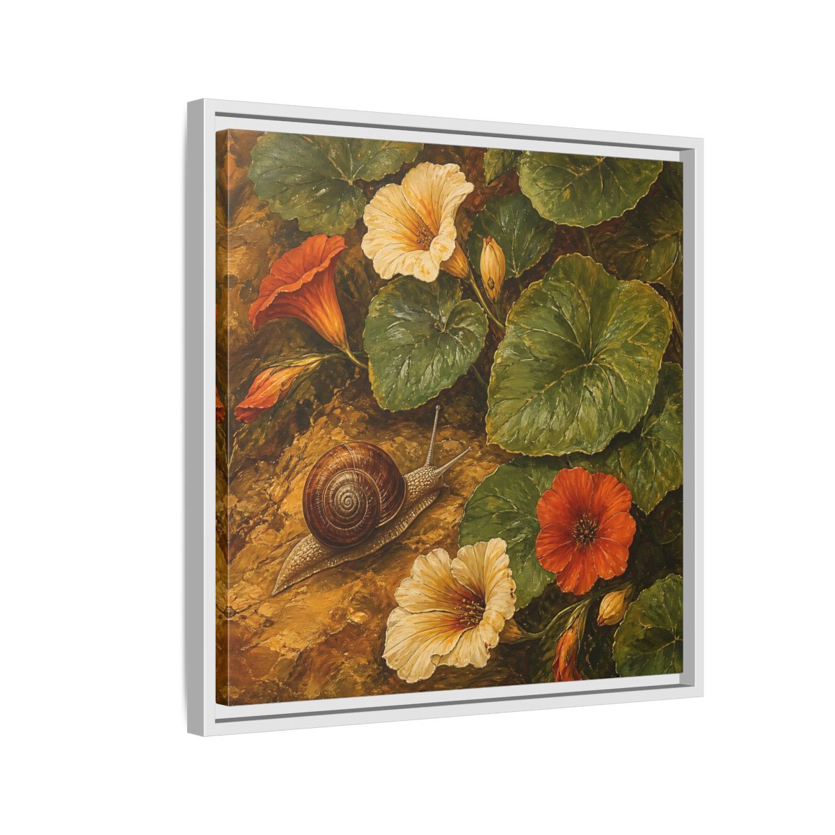Side Mockup 10. Elegant Old-World Painting Snail Beside Garden Leaves shown as stretched canvas wall art