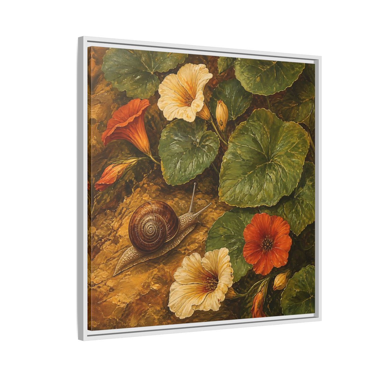 Side Mockup 7. Elegant Old-World Painting Snail Beside Garden Leaves shown as stretched canvas wall art