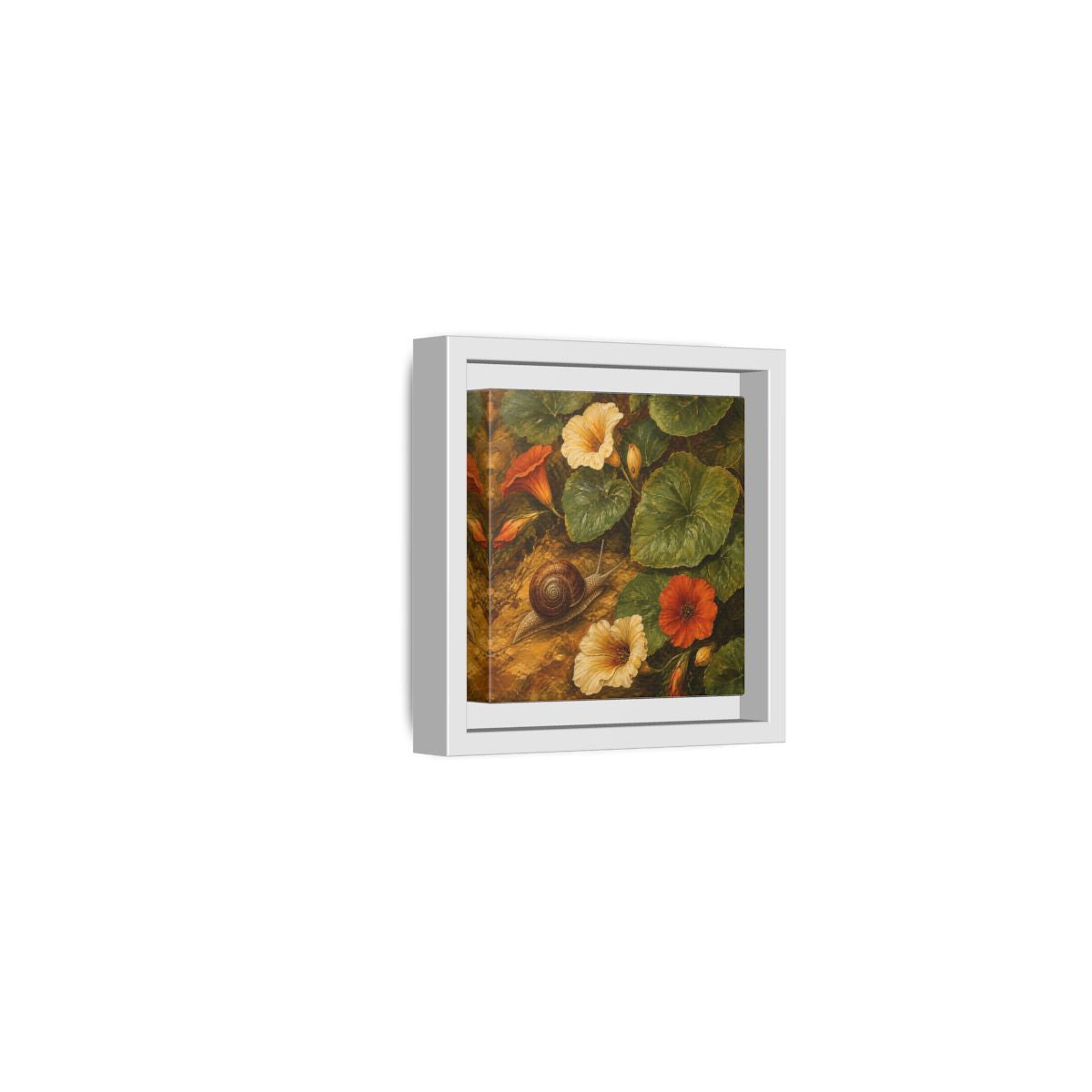 Side Mockup 22. Elegant Old-World Painting Snail Beside Garden Leaves shown as stretched canvas wall art