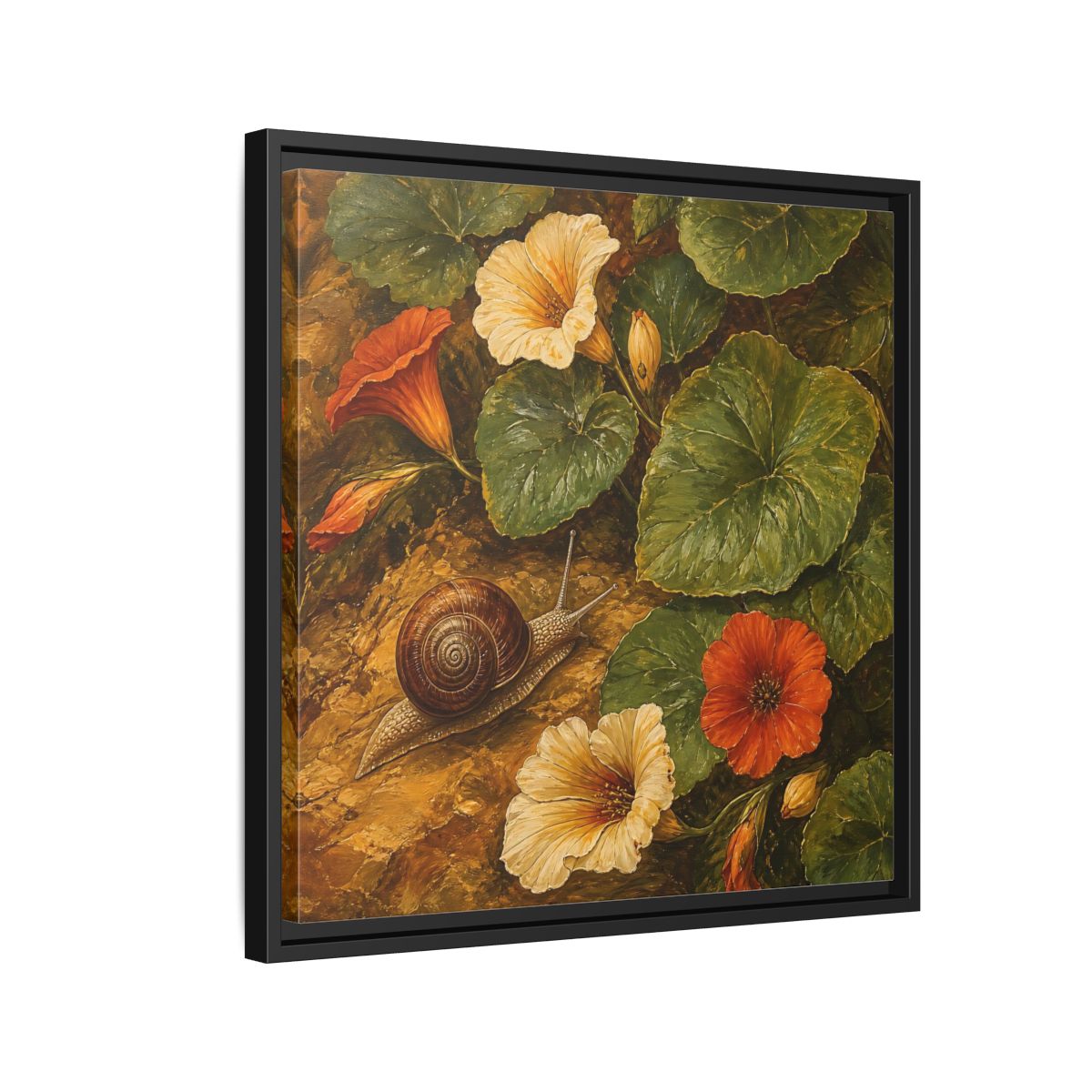 Side Mockup 12. Elegant Old-World Painting Snail Beside Garden Leaves shown as stretched canvas wall art