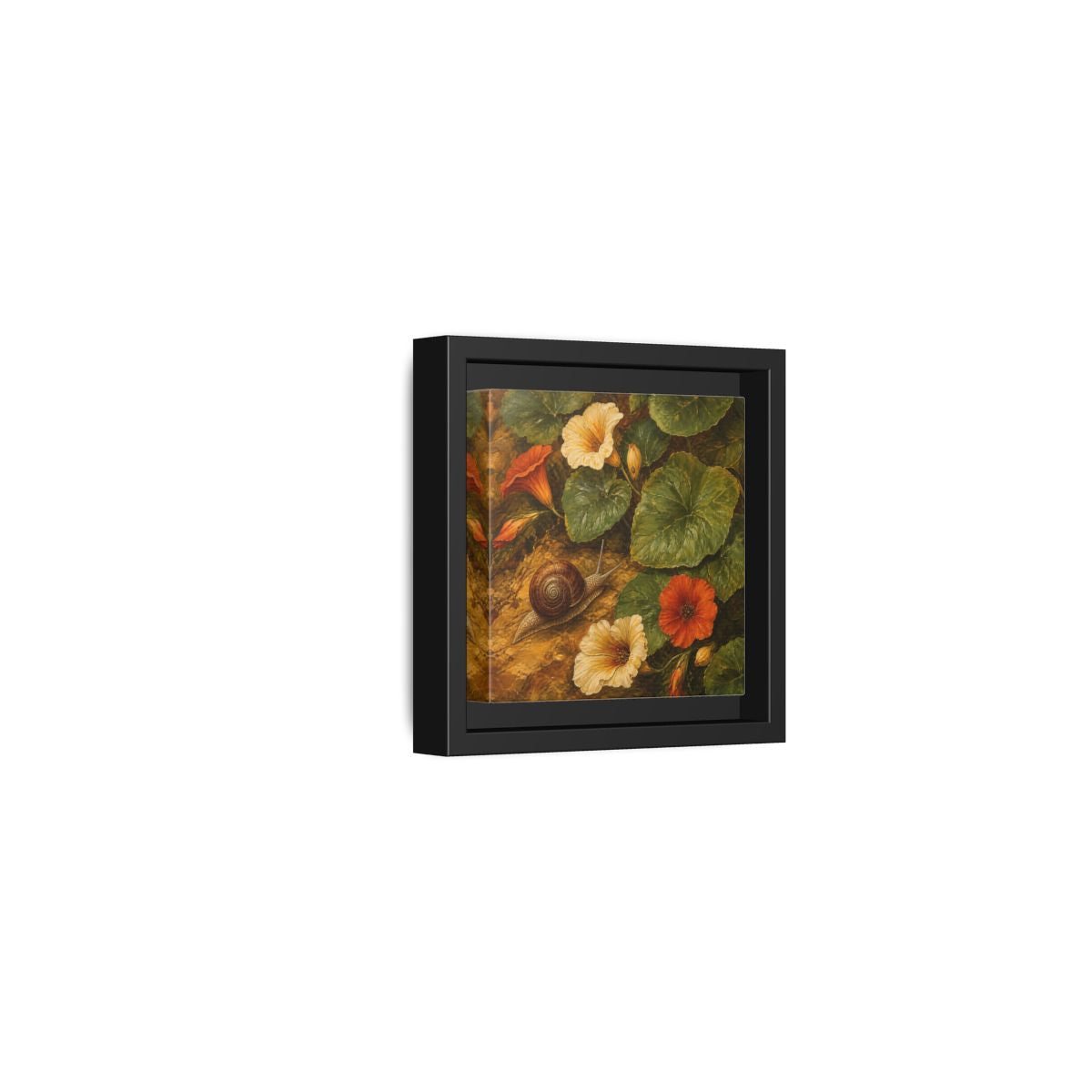 Side Mockup 24. Elegant Old-World Painting Snail Beside Garden Leaves shown as stretched canvas wall art