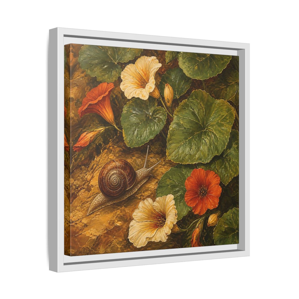 Side Mockup 28. Elegant Old-World Painting Snail Beside Garden Leaves shown as stretched canvas wall art