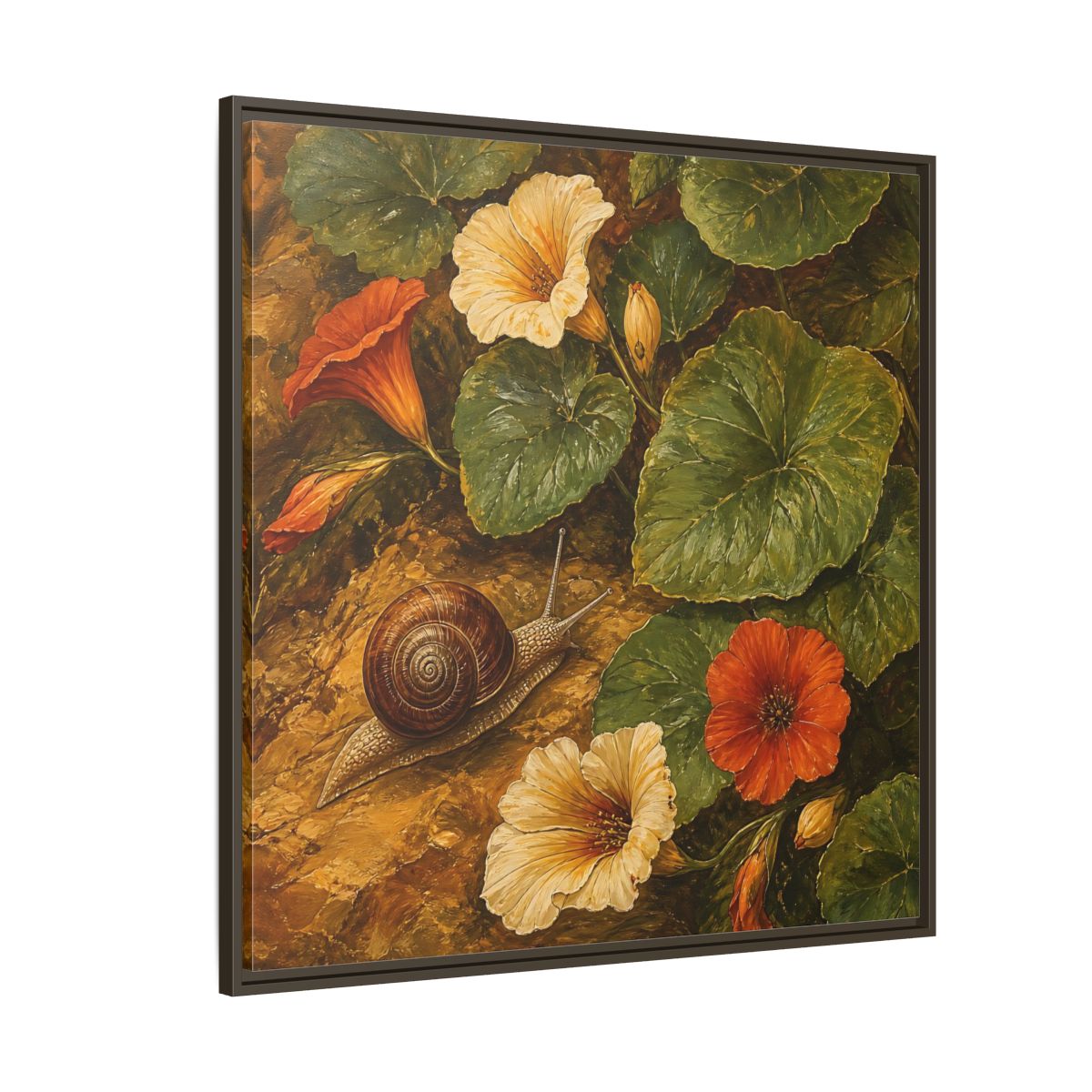 Side Mockup 5. Elegant Old-World Painting Snail Beside Garden Leaves shown as stretched canvas wall art