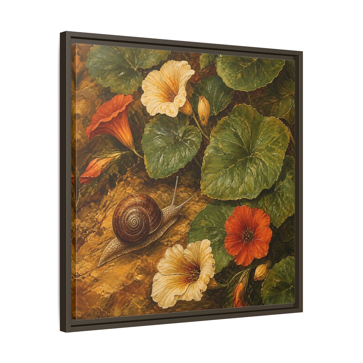 Side Mockup 27. Elegant Old-World Painting Snail Beside Garden Leaves shown as stretched canvas wall art