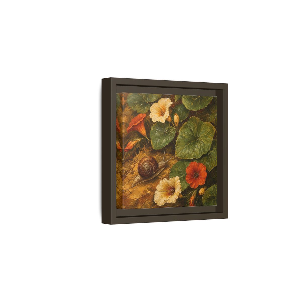 Side Mockup 2. Elegant Old-World Painting Snail Beside Garden Leaves shown as stretched canvas wall art