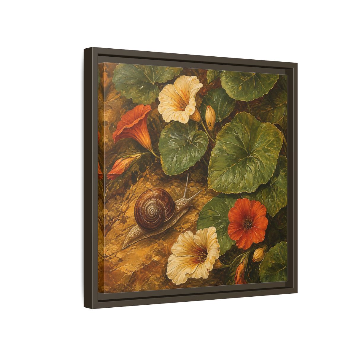 Side Mockup 14. Elegant Old-World Painting Snail Beside Garden Leaves shown as stretched canvas wall art