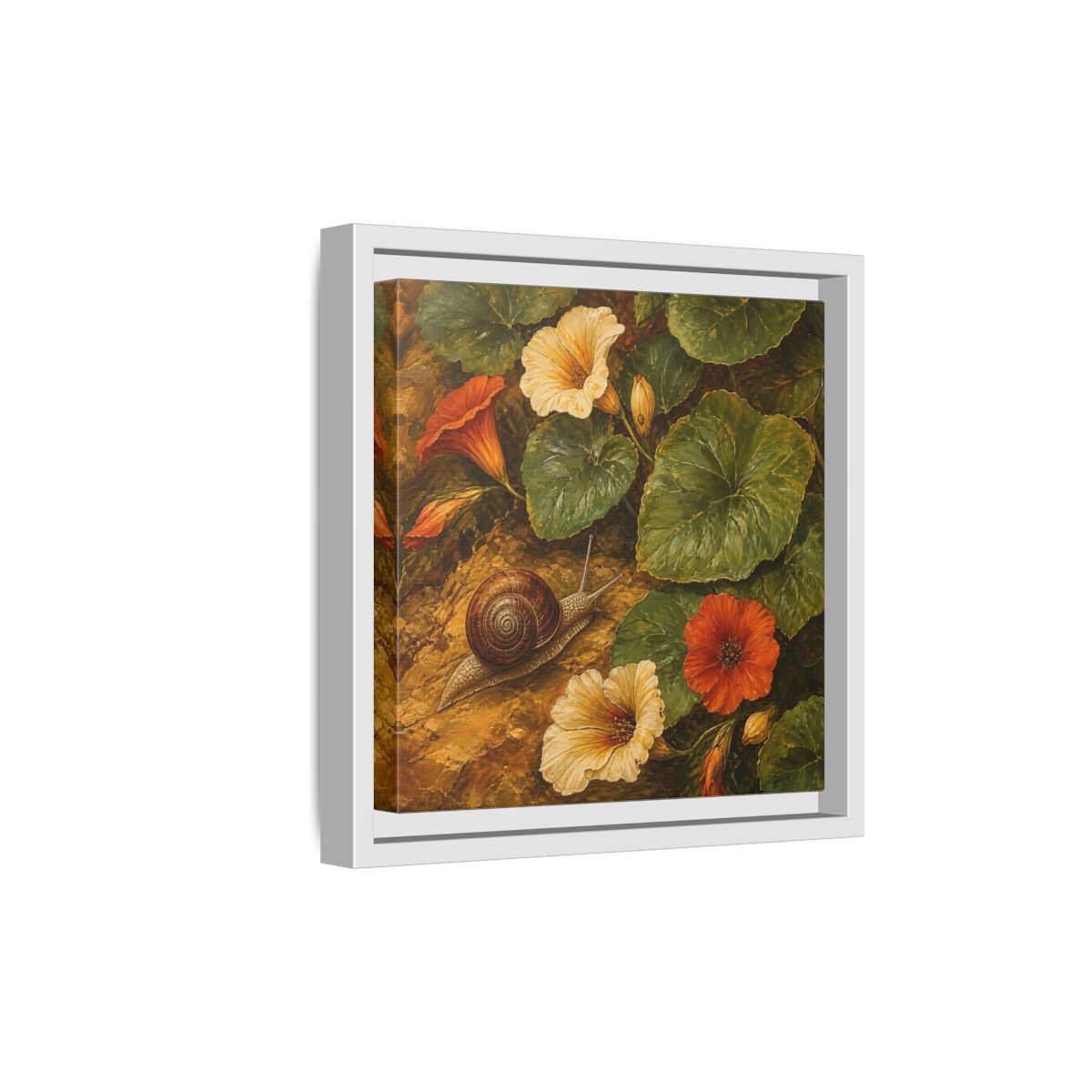 Side Mockup 19. Elegant Old-World Painting Snail Beside Garden Leaves shown as stretched canvas wall art