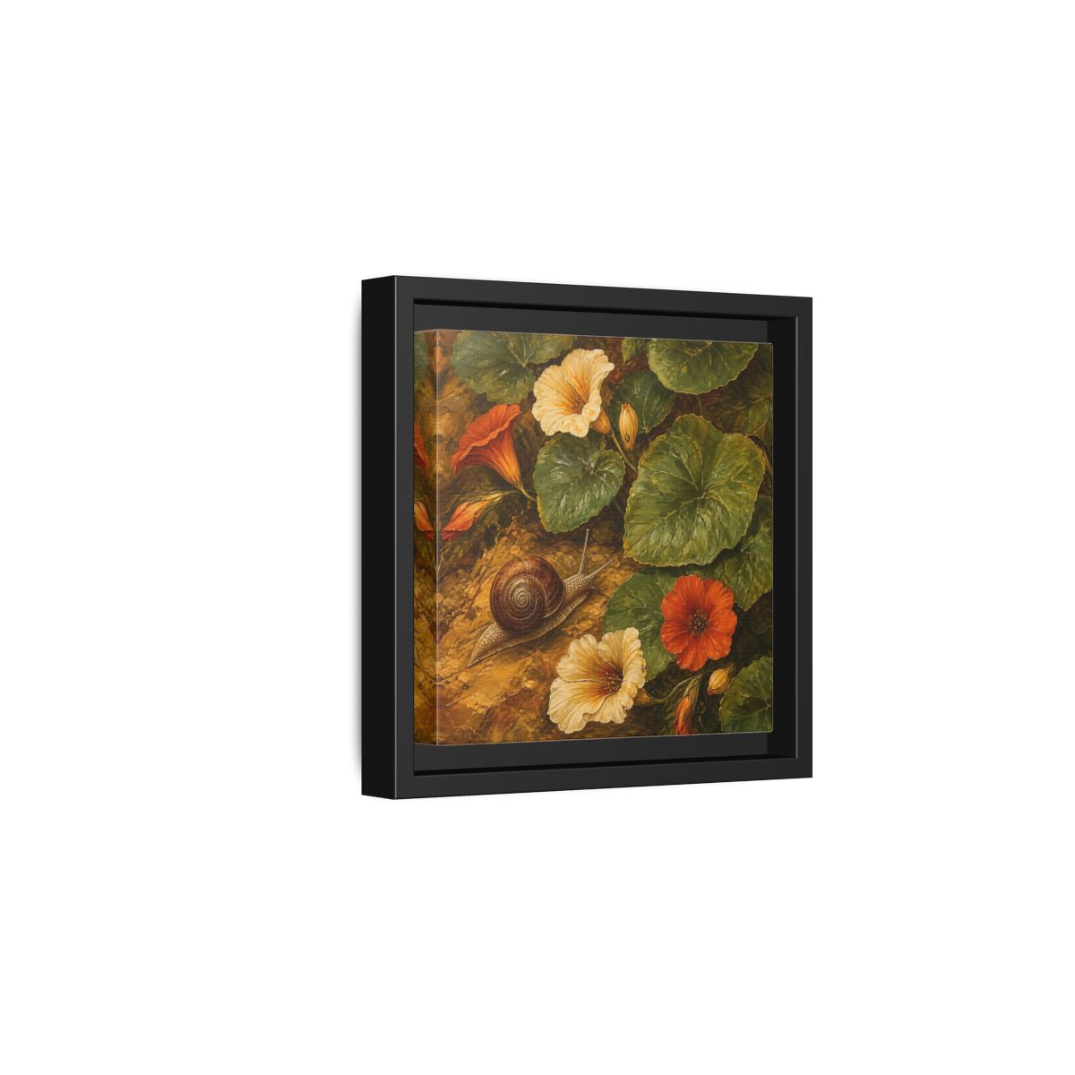 Side Mockup 3. Elegant Old-World Painting Snail Beside Garden Leaves shown as stretched canvas wall art