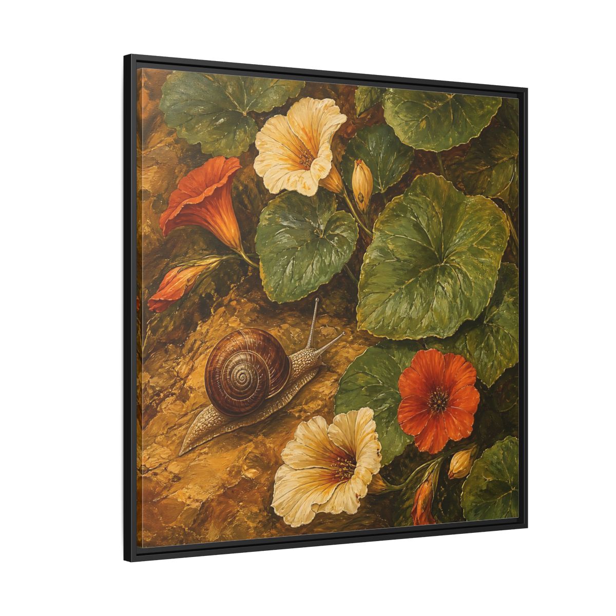 Side Mockup 6. Elegant Old-World Painting Snail Beside Garden Leaves shown as stretched canvas wall art