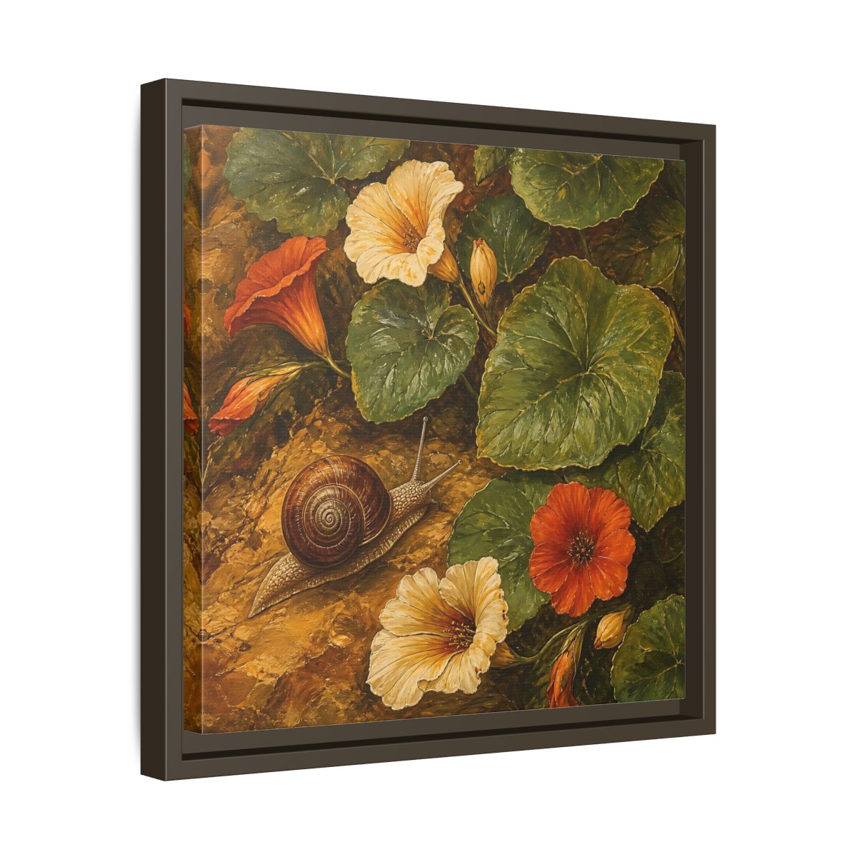 Side Mockup 29. Elegant Old-World Painting Snail Beside Garden Leaves shown as stretched canvas wall art