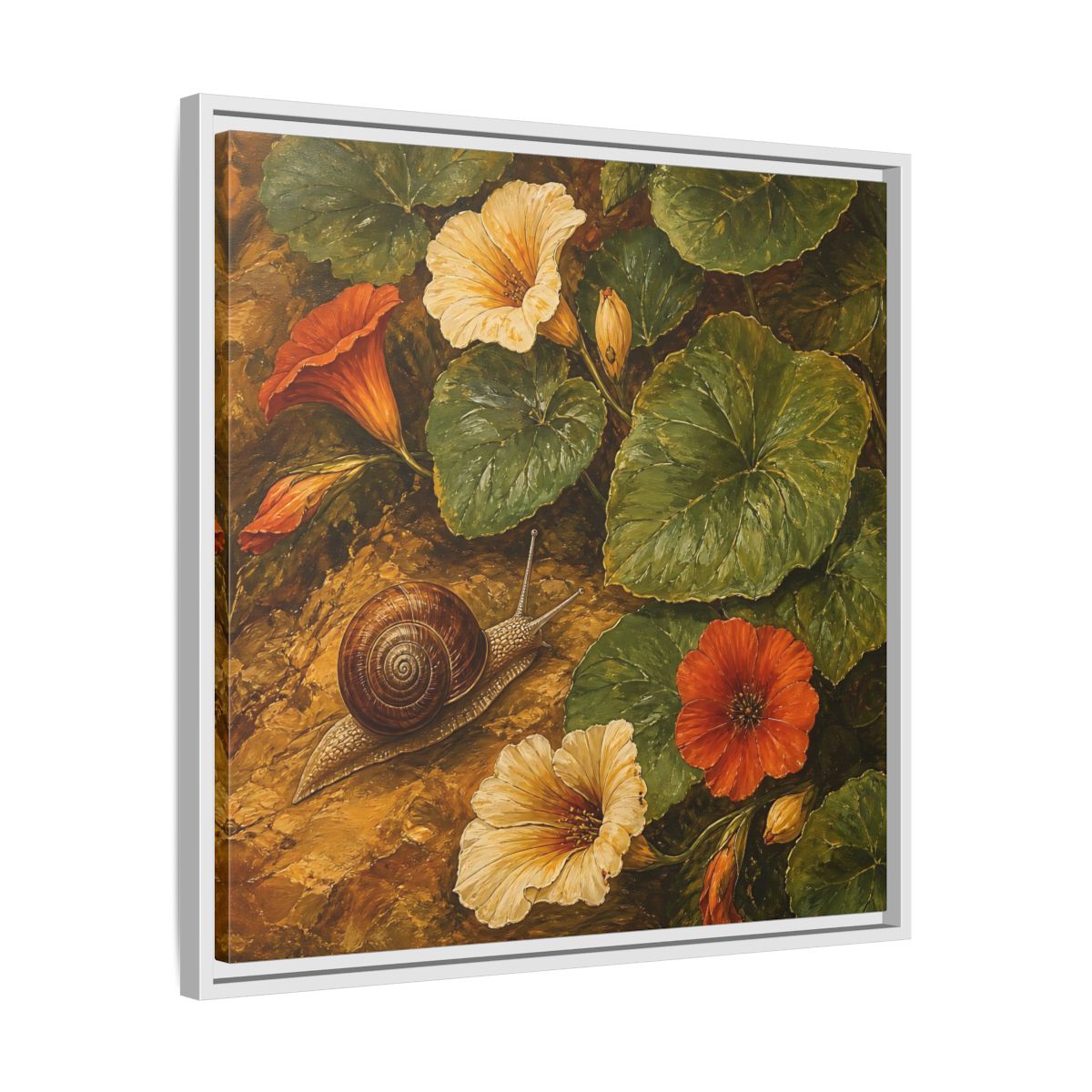 Side Mockup 26. Elegant Old-World Painting Snail Beside Garden Leaves shown as stretched canvas wall art