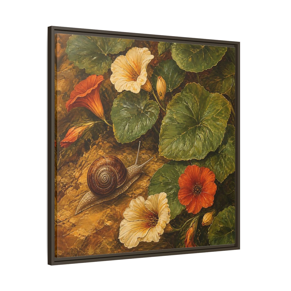 Main Mockup. Elegant Old-World Painting Snail Beside Garden Leaves shown as stretched canvas wall art