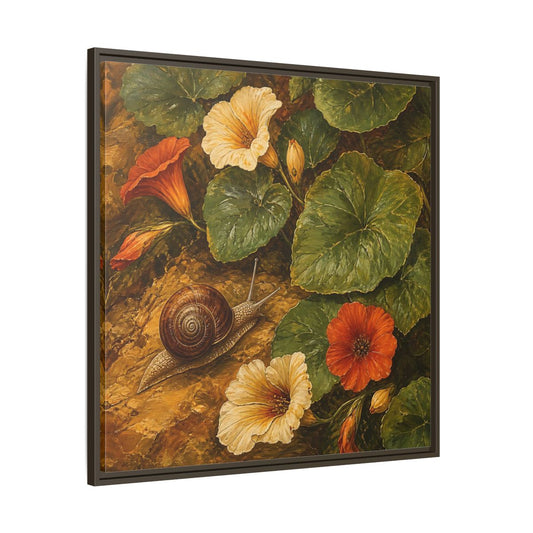 Main Mockup. Elegant Old-World Painting Snail Beside Garden Leaves shown as stretched canvas wall art