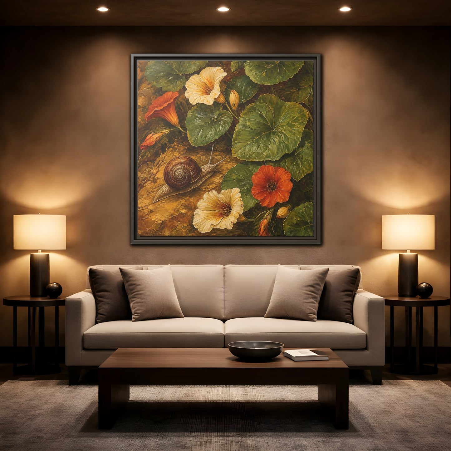 Mockup 2. Elegant Old-World Painting Snail Beside Garden Leaves shown as stretched canvas wall art