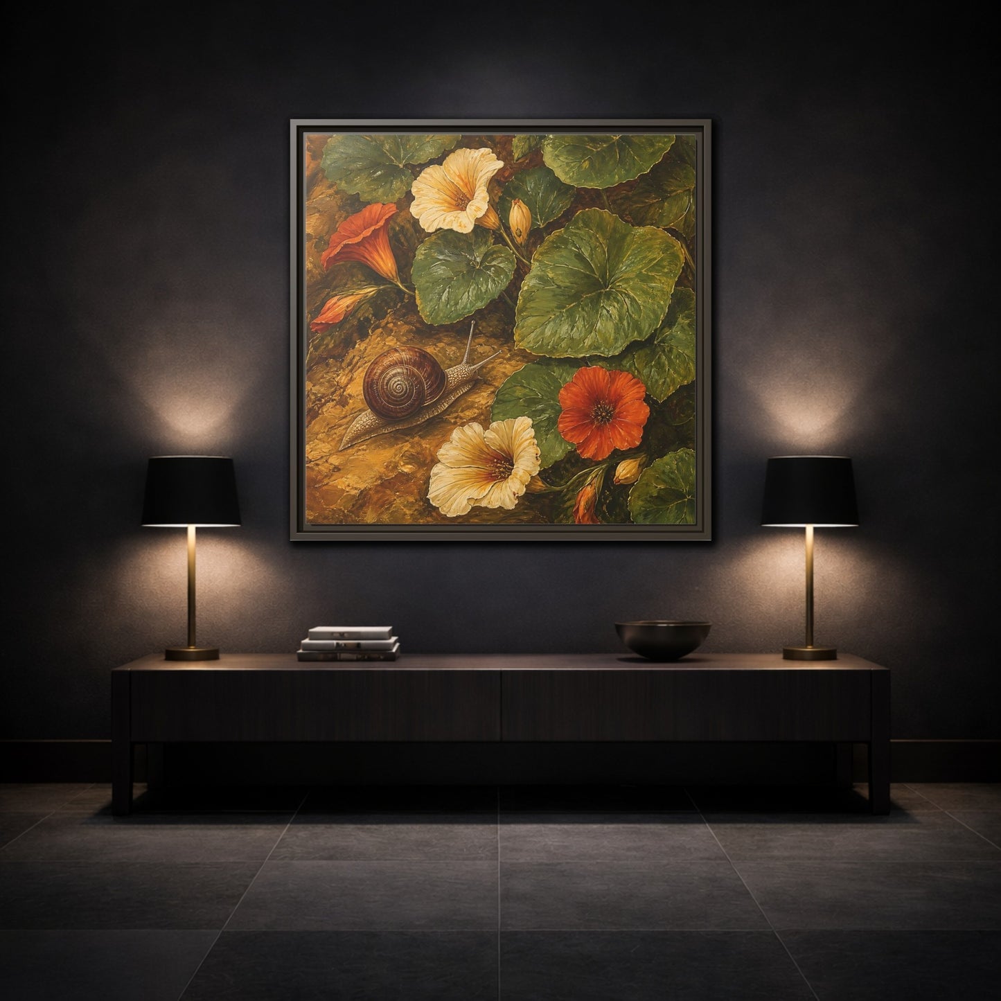 Mockup 3. Elegant Old-World Painting Snail Beside Garden Leaves shown as stretched canvas wall art