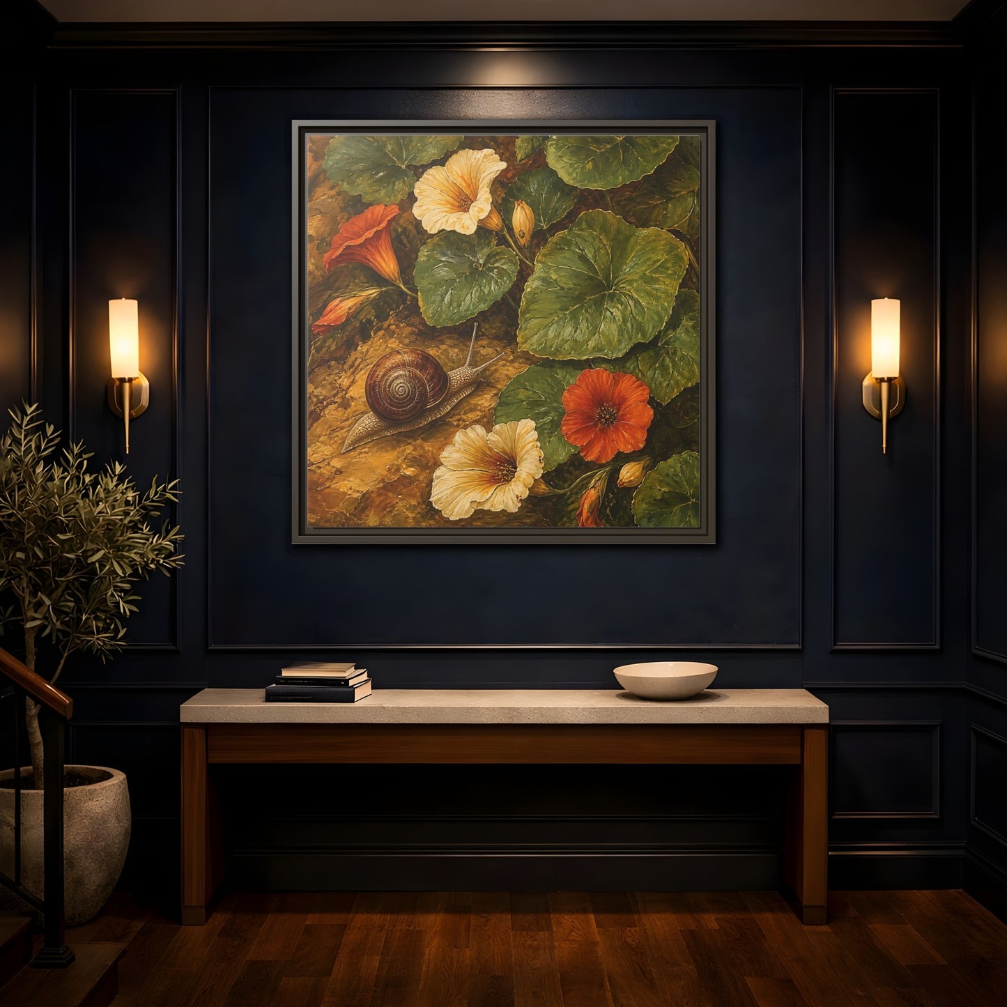 Mockup 4. Elegant Old-World Painting Snail Beside Garden Leaves shown as stretched canvas wall art