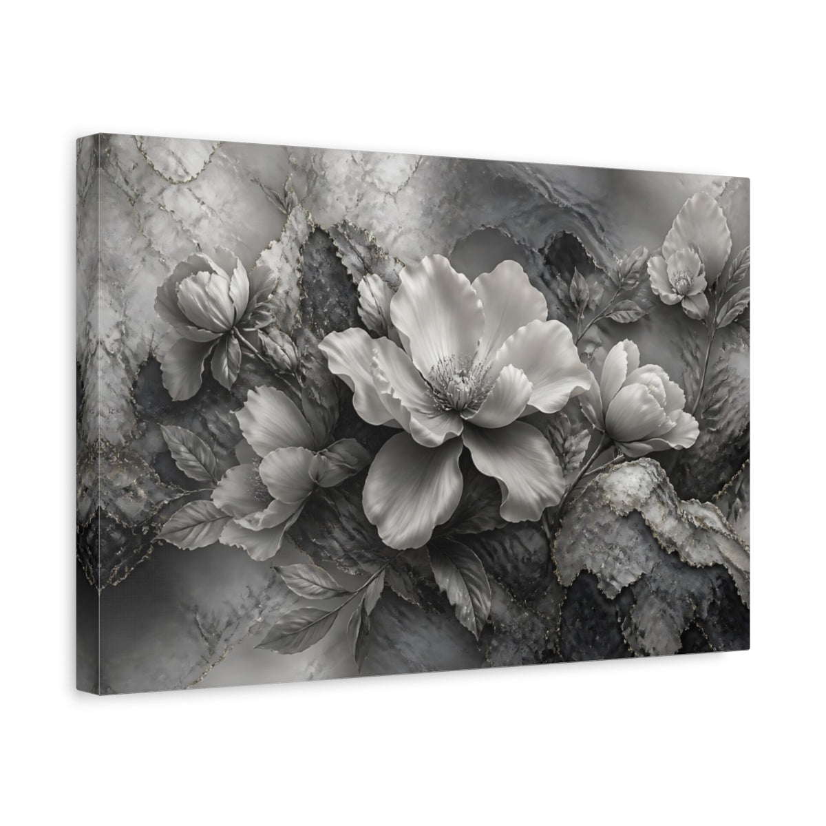 Side Mockup 4. Elegant Silver Bloom shown as canvas print