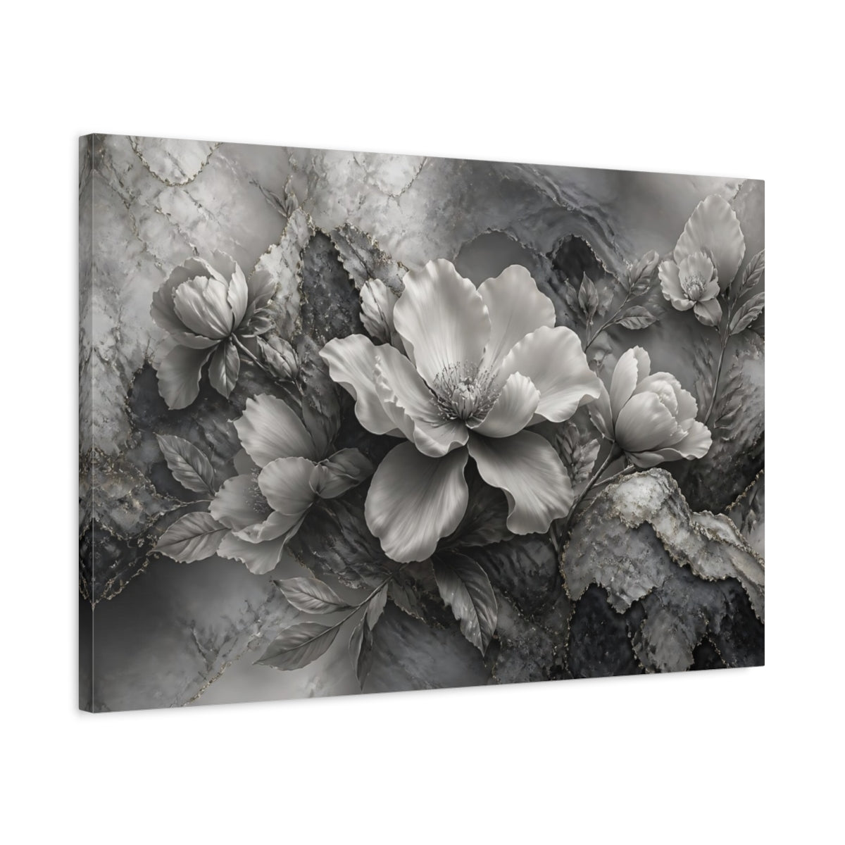 Side Mockup 2. Elegant Silver Bloom shown as canvas print