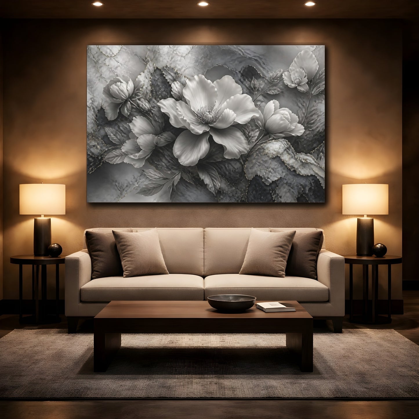 Mockup 2. Elegant Silver Bloom shown as canvas print