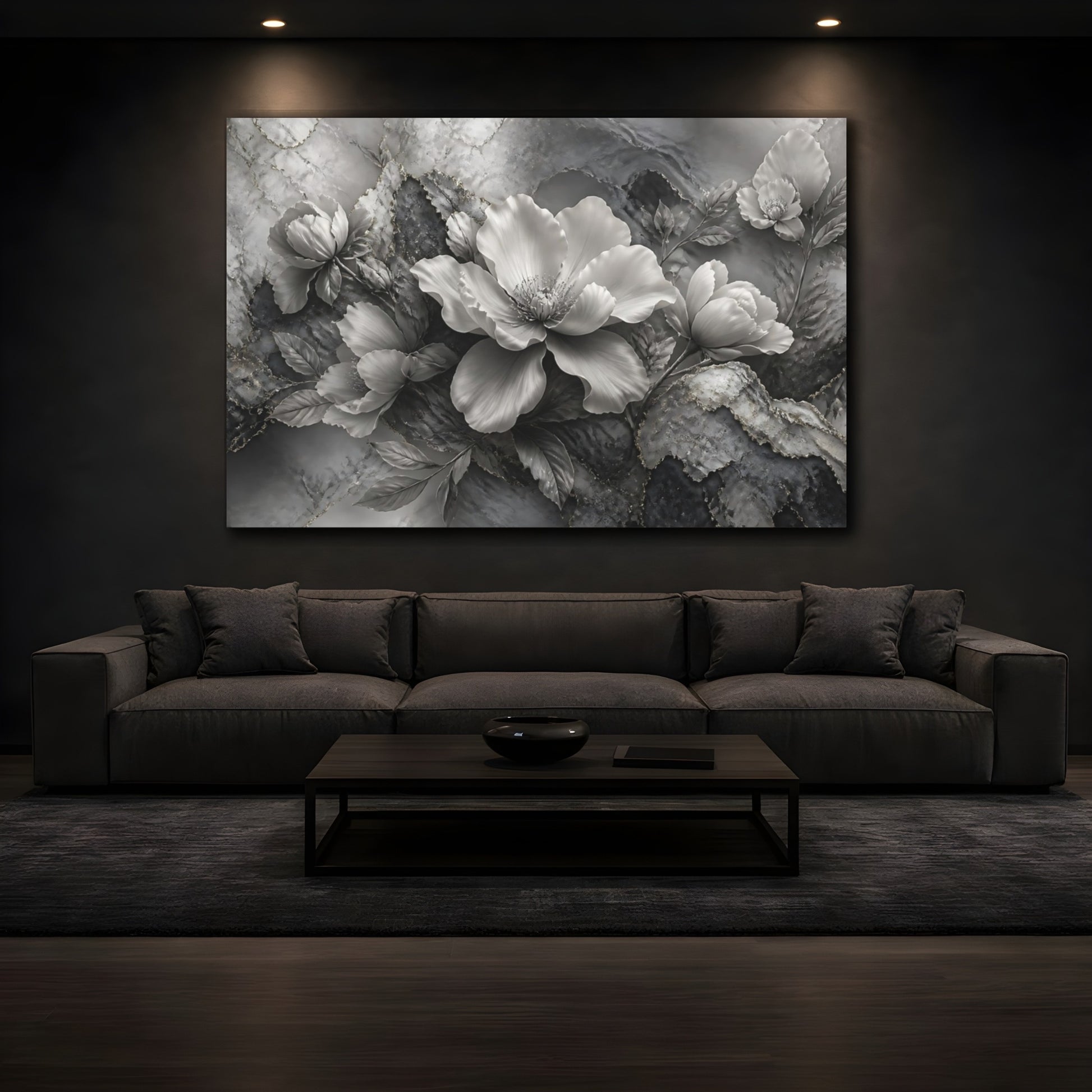 Mockup 3. Elegant Silver Bloom shown as canvas print