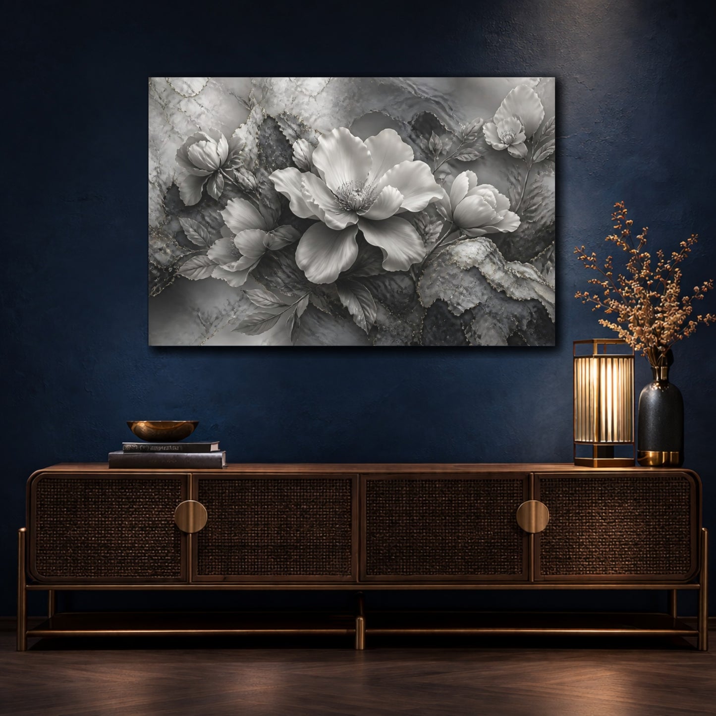 Mockup 4. Elegant Silver Bloom shown as canvas print
