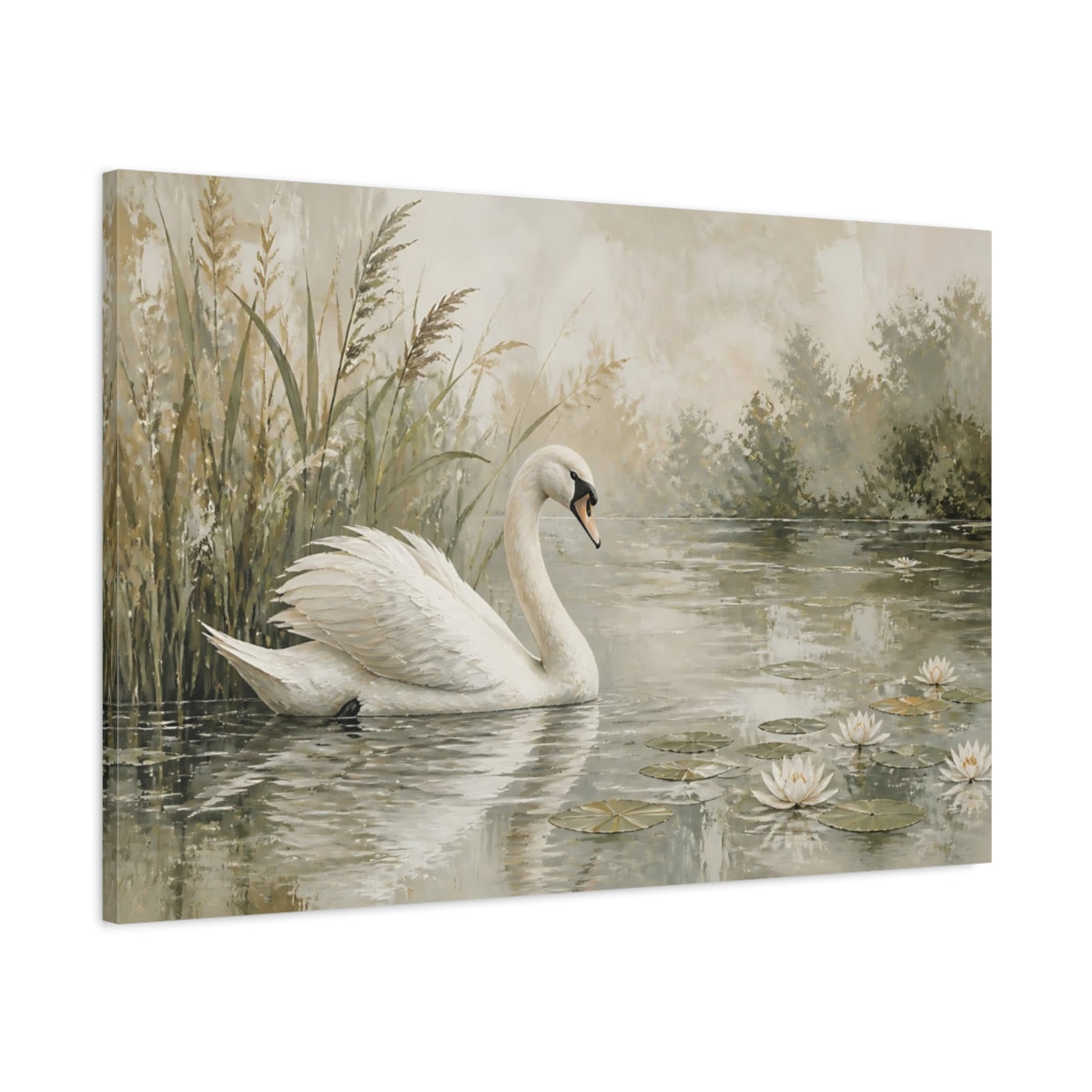 Main Mockup. Elegant Swan On Pond shown as canvas print