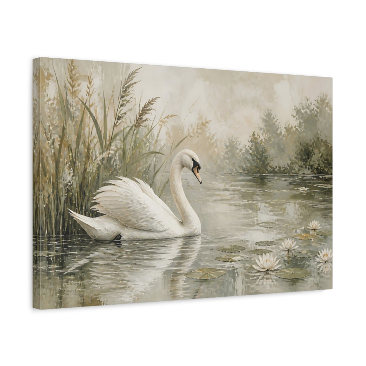 Side Mockup 3. Elegant Swan On Pond shown as canvas print
