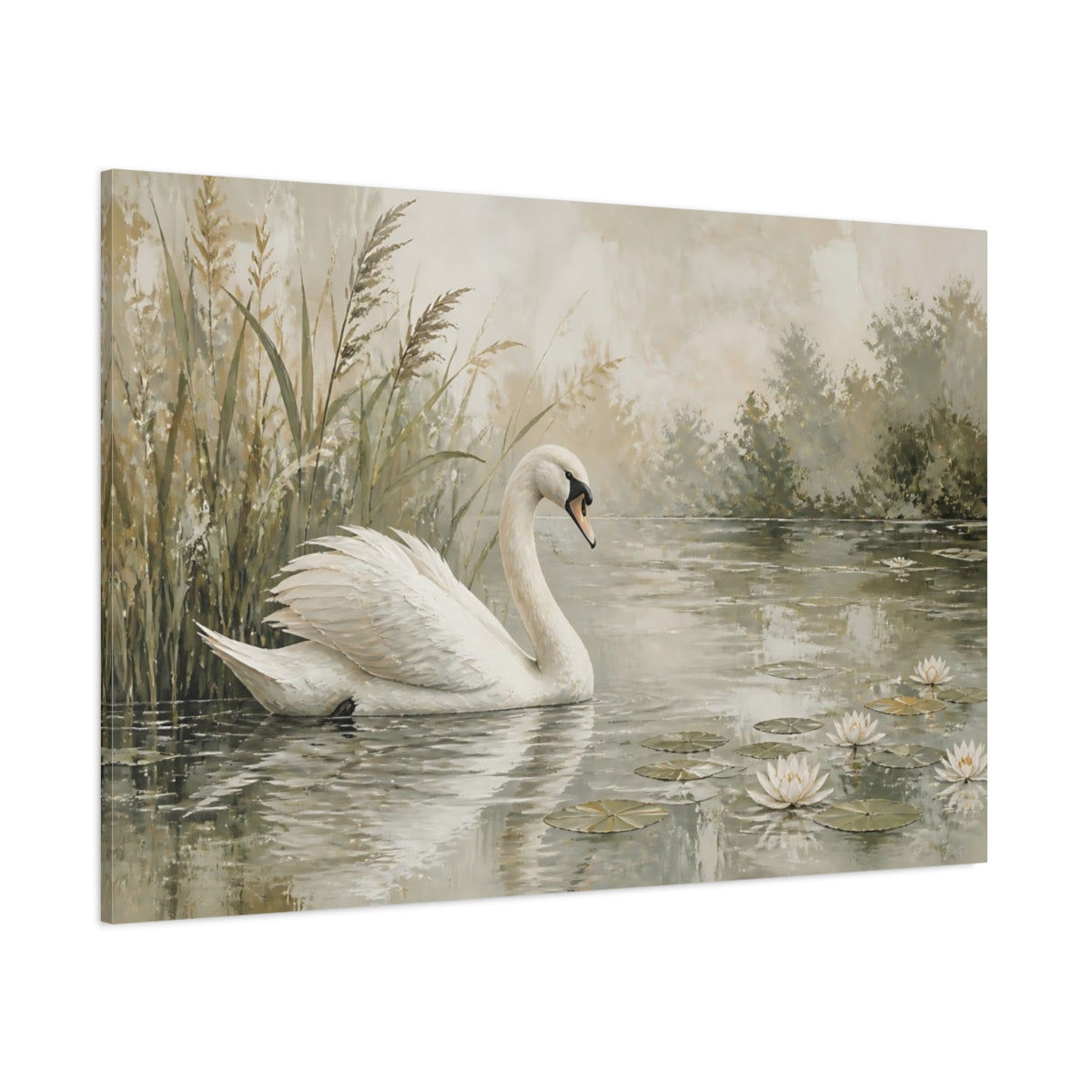 Side Mockup 1. Elegant Swan On Pond shown as canvas print