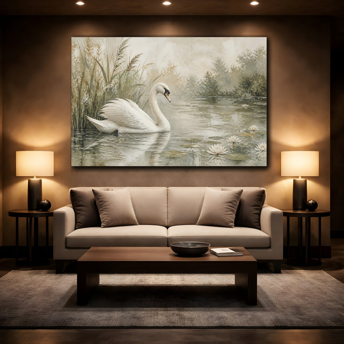 Mockup 2. Elegant Swan On Pond shown as canvas print