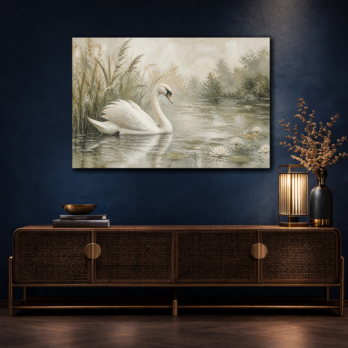Mockup 4. Elegant Swan On Pond shown as canvas print