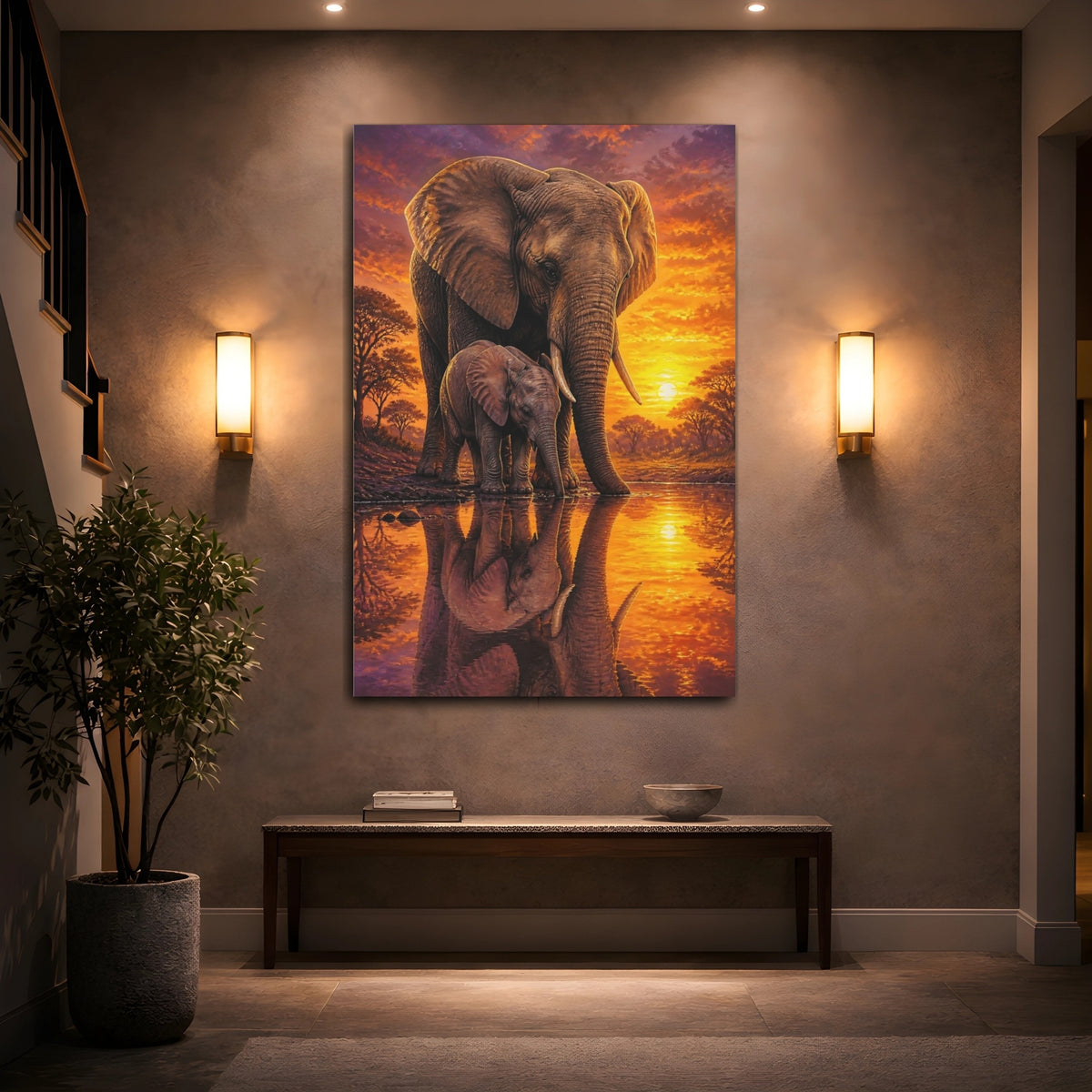 Mockup 2. Elephant Family Animals Sunset shown as canvas print