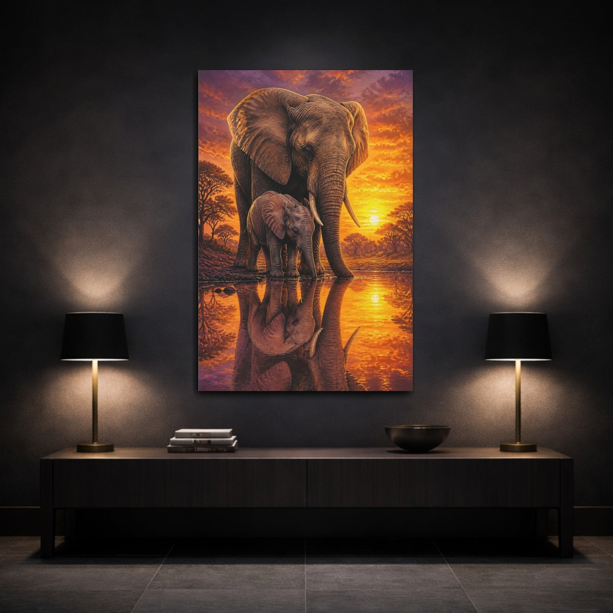 Mockup 3. Elephant Family Animals Sunset shown as canvas print