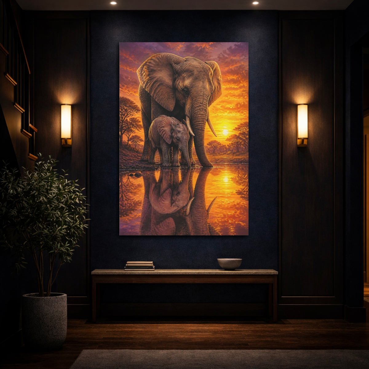 Mockup 4. Elephant Family Animals Sunset shown as canvas print