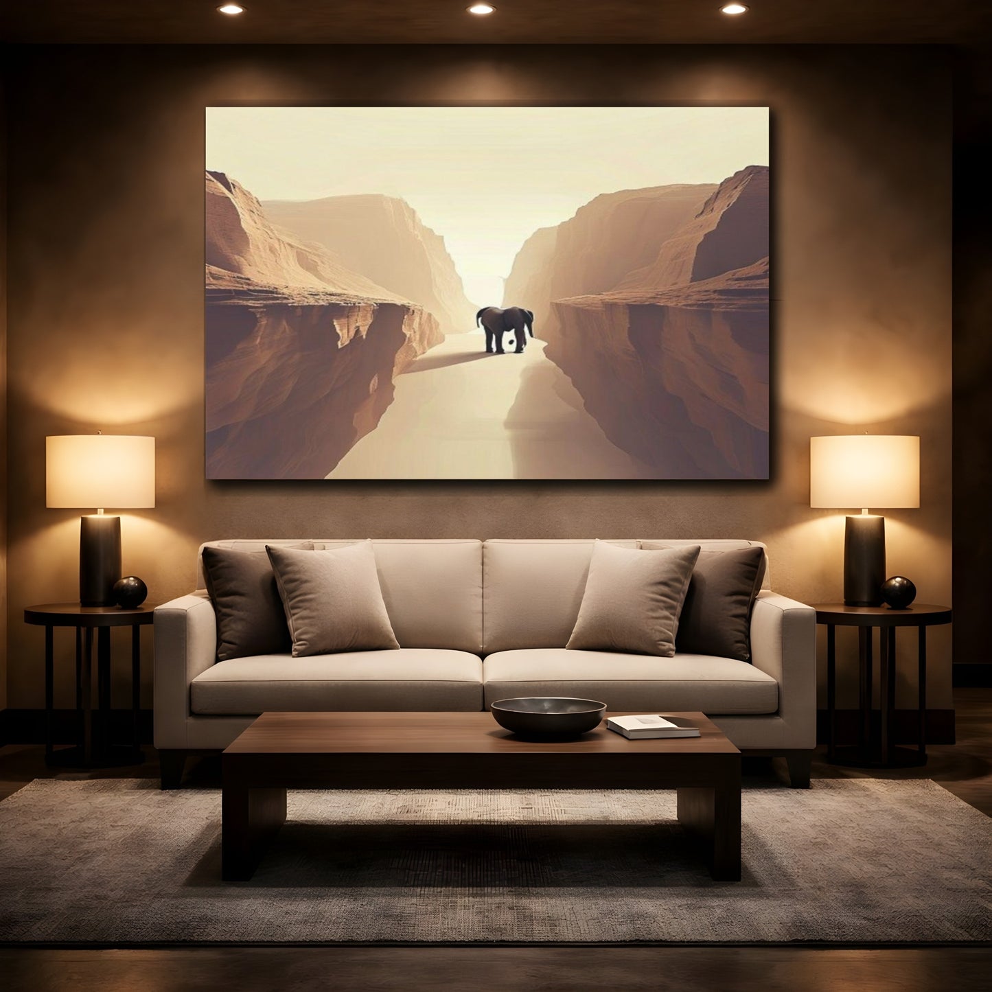 Mockup 2. Elephant In Canyon shown as canvas print