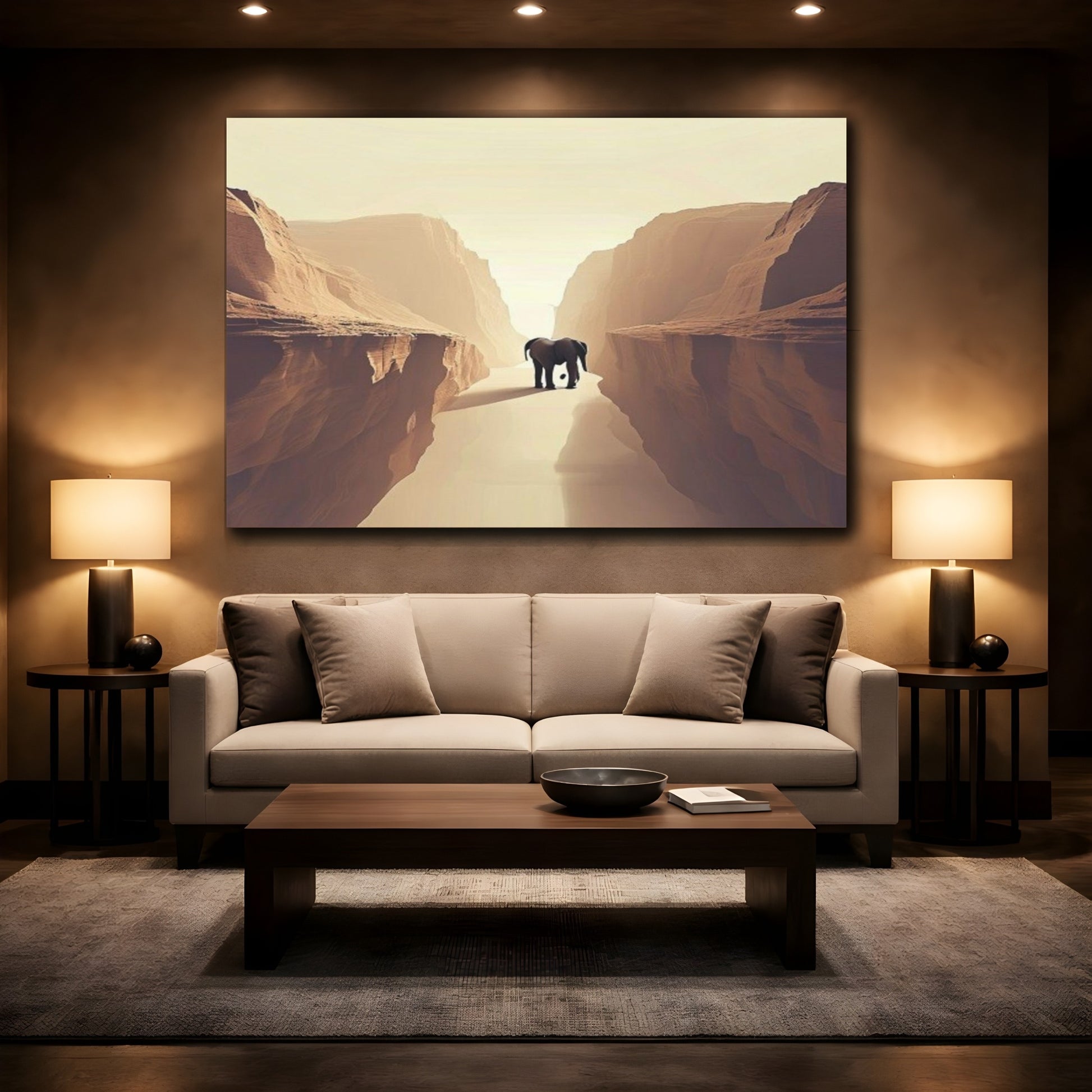 Mockup 2. Elephant In Canyon shown as canvas print