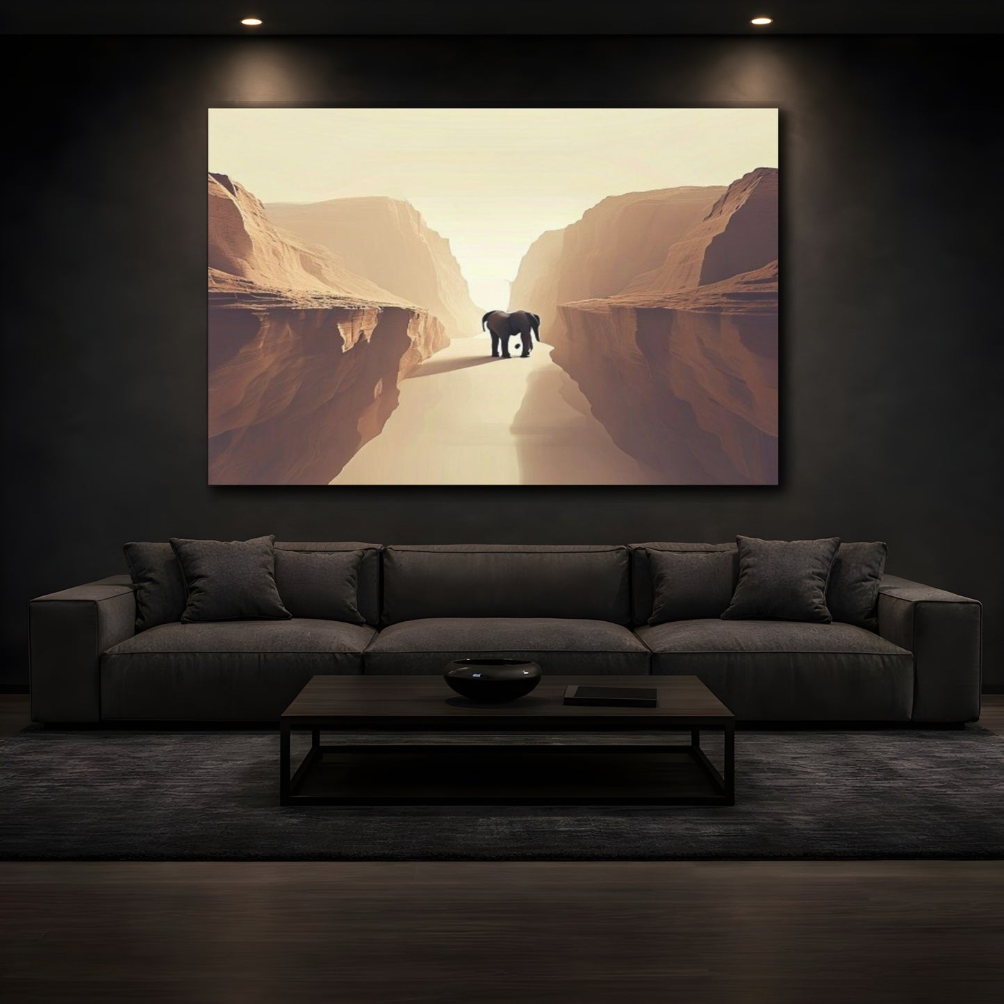 Mockup 3. Elephant In Canyon shown as canvas print
