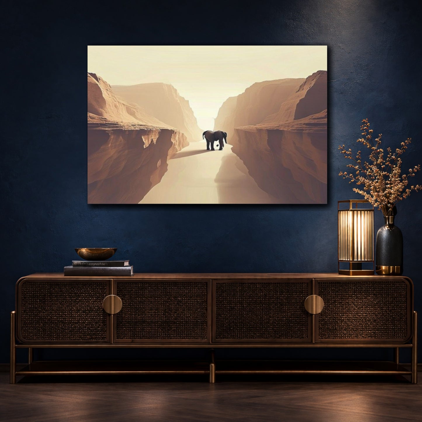 Mockup 4. Elephant In Canyon shown as canvas print