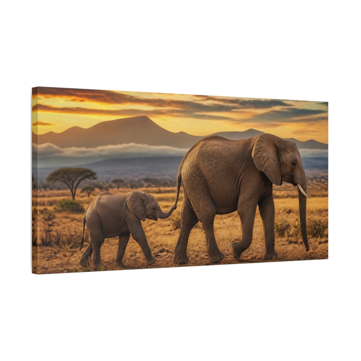 Side Mockup 1. Elephant Mother And Calf Sunset shown as canvas print