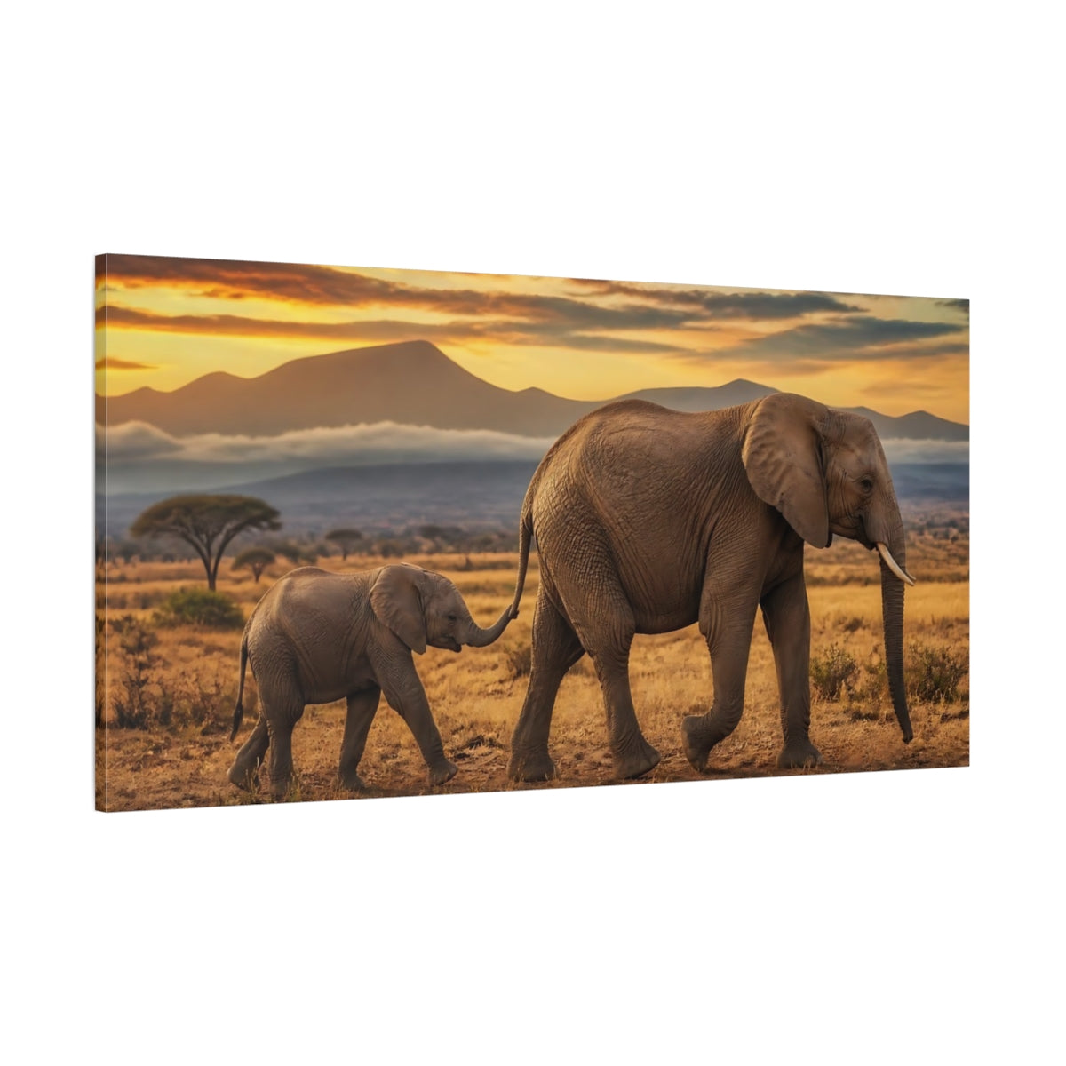 Side Mockup 2. Elephant Mother And Calf Sunset shown as canvas print