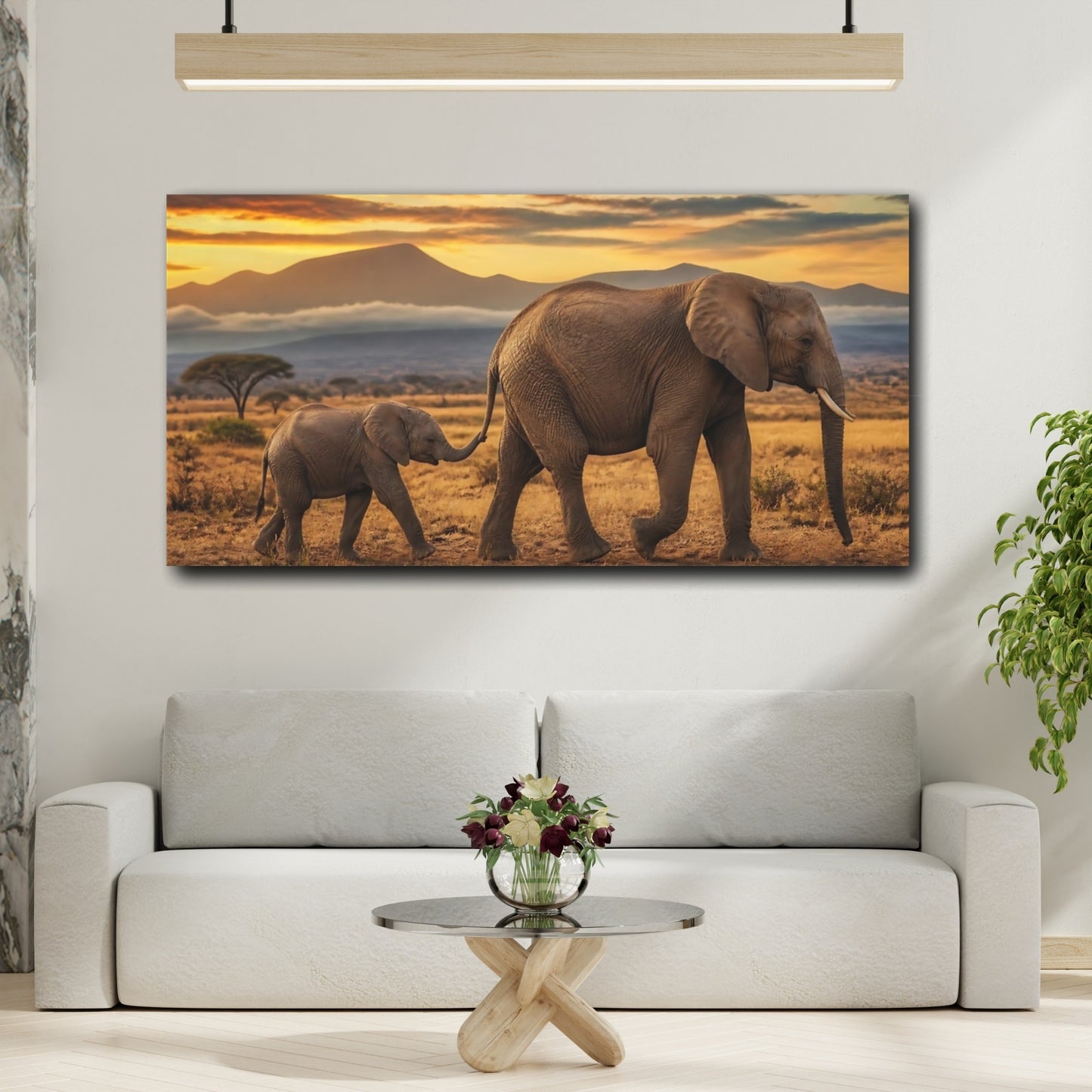 Mockup 2. Elephant Mother And Calf Sunset shown as canvas print