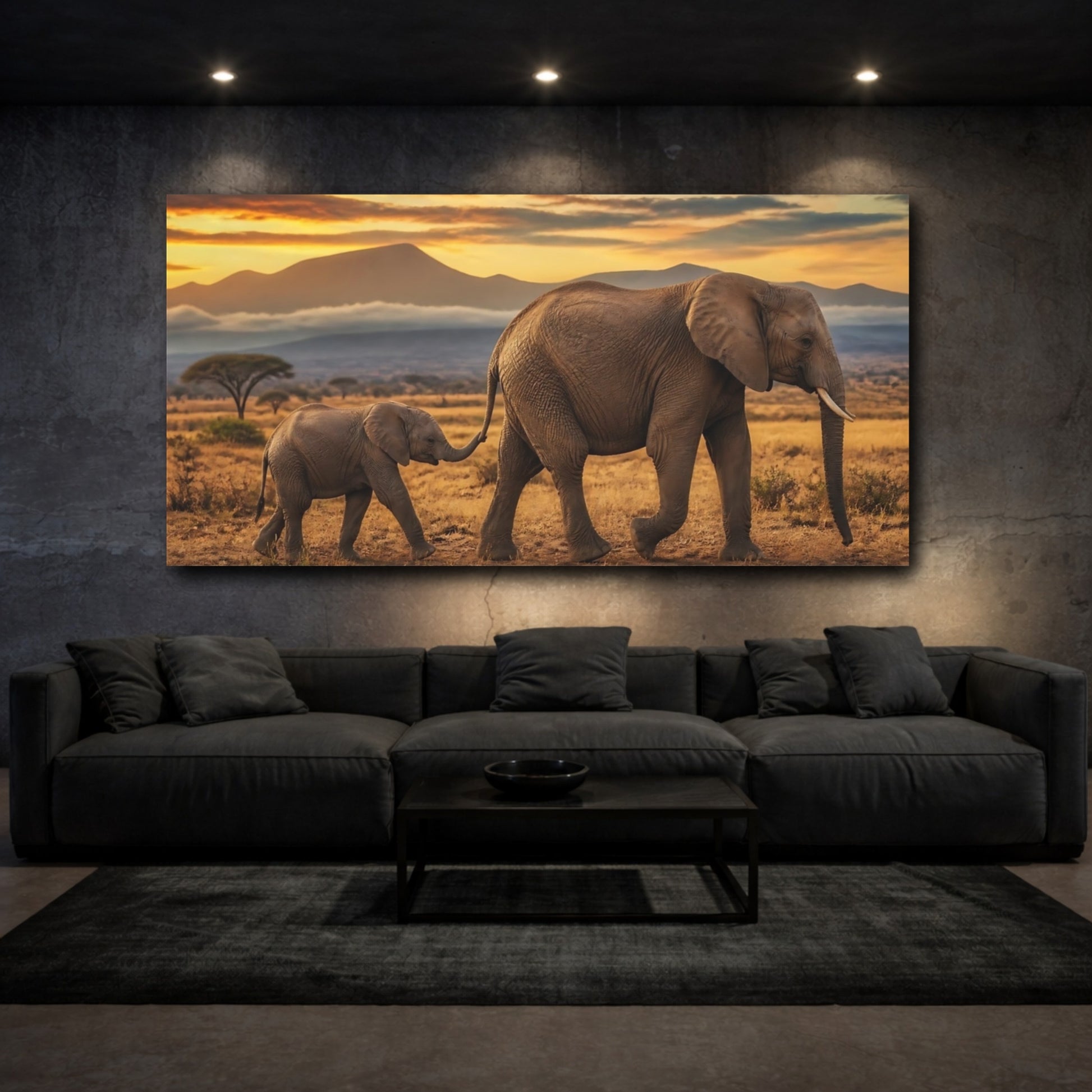 Mockup 3. Elephant Mother And Calf Sunset shown as canvas print