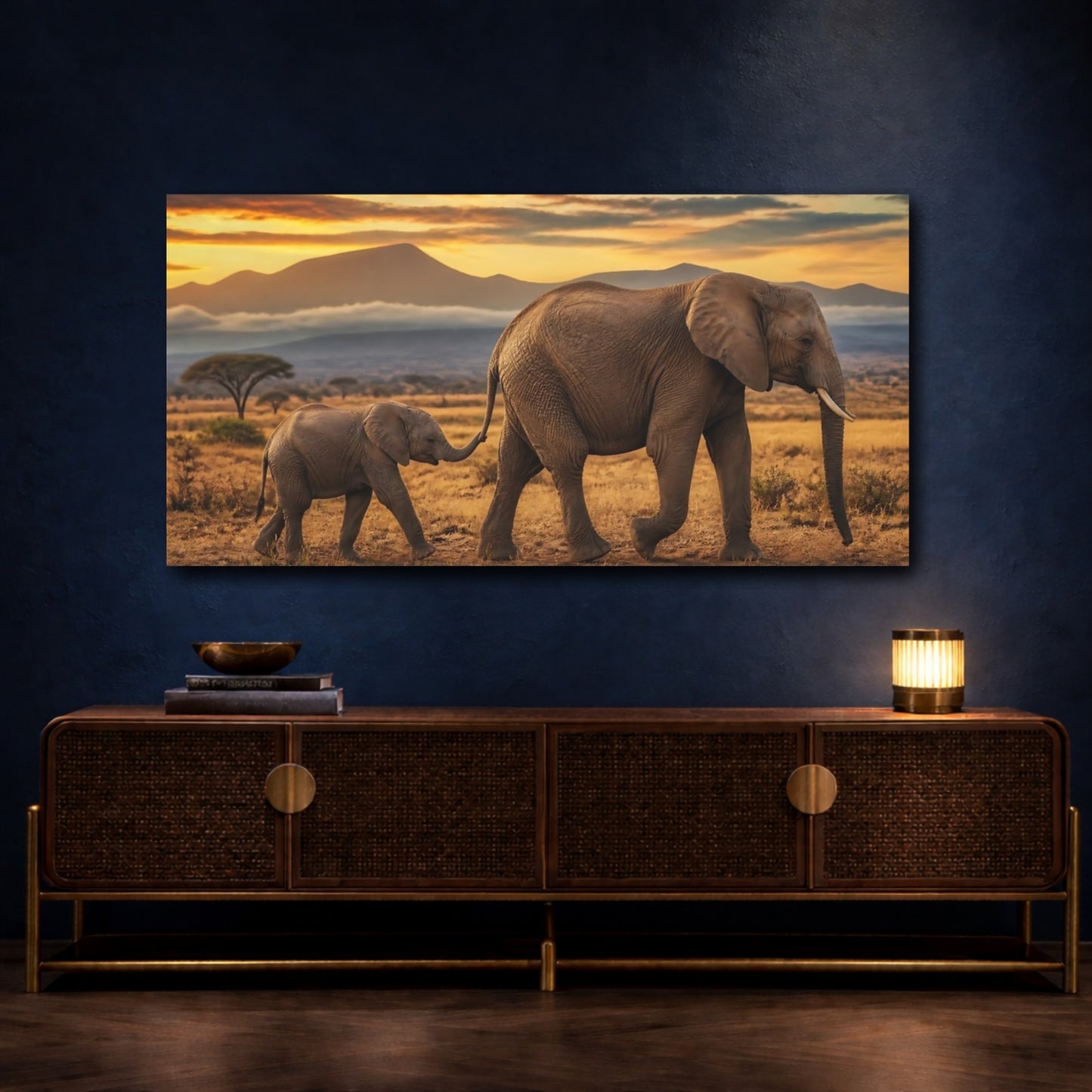 Mockup 4. Elephant Mother And Calf Sunset shown as canvas print
