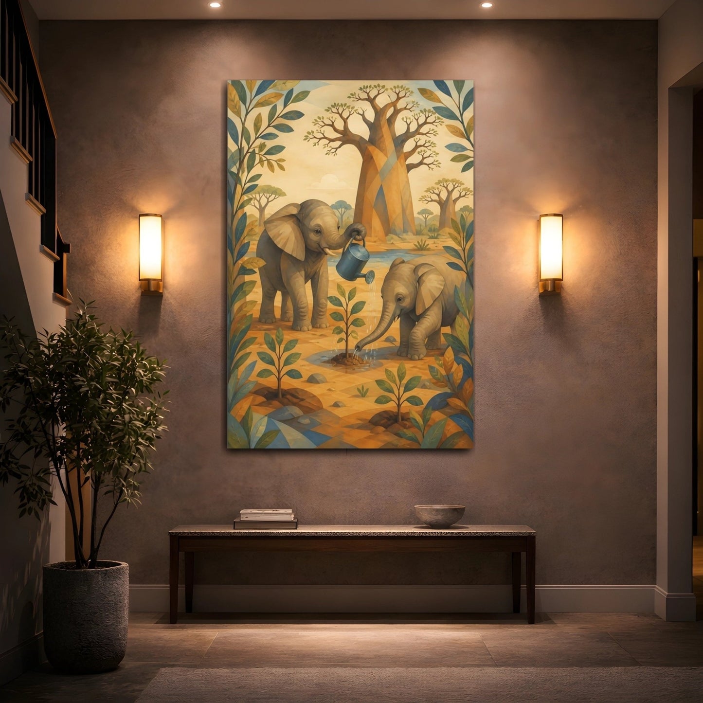 Elephant Watering Sapling Canvas Print – Kids Room Wall - YesArtYes