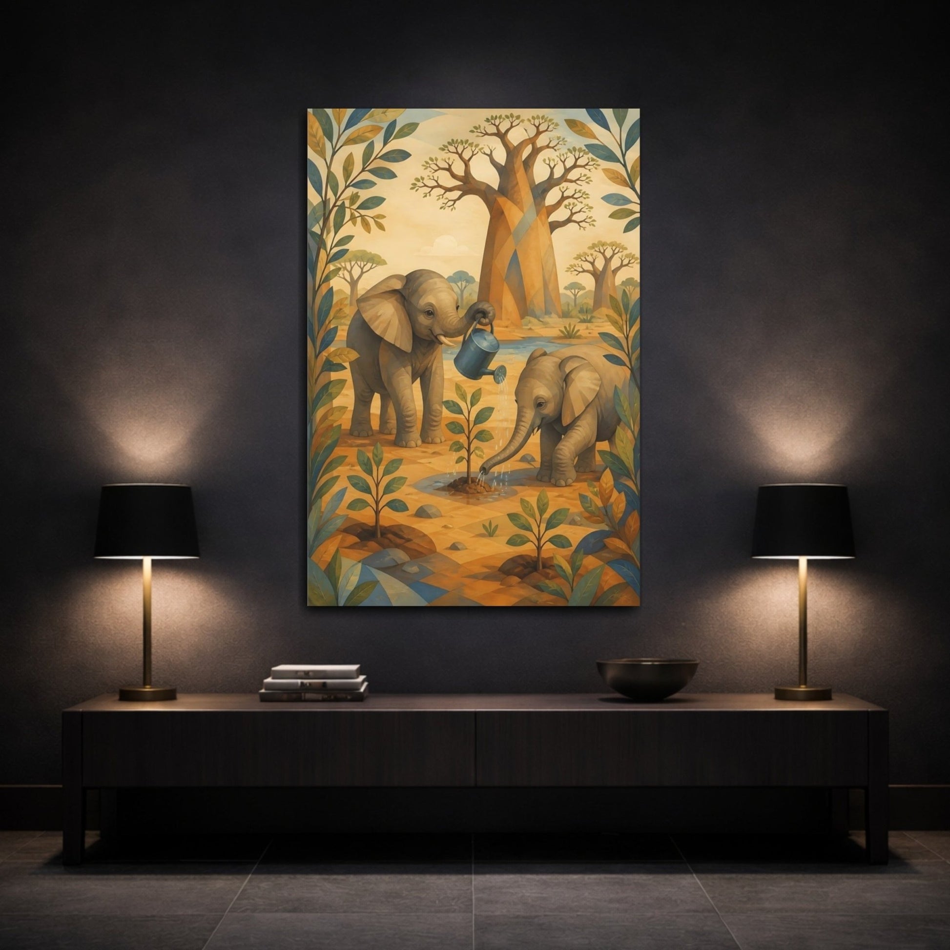 Elephant Watering Sapling Canvas Print – Kids Room Wall - YesArtYes