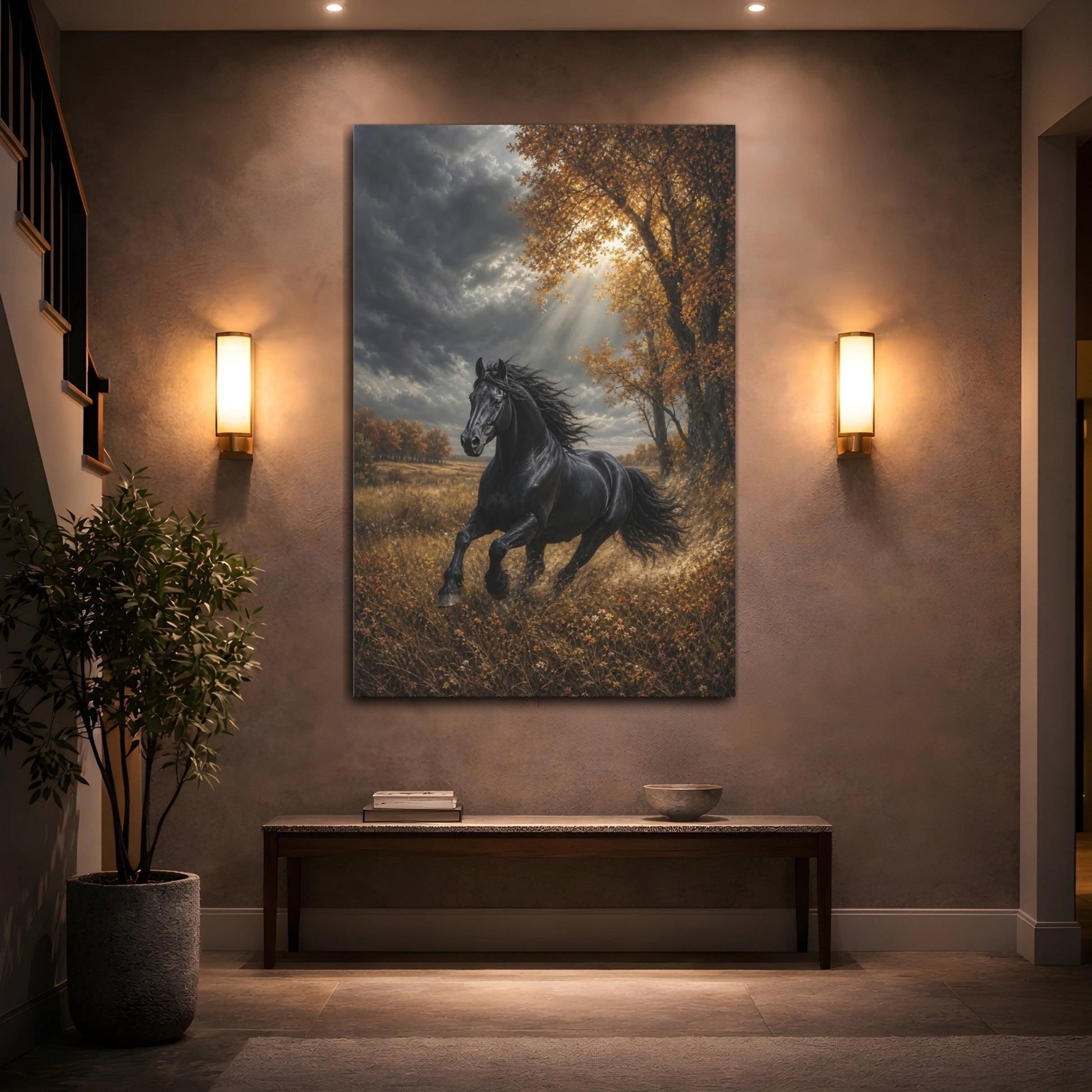 Embroidered Textile Landscape Illusion Black Stallion Canvas Wall Art Print – Living Room Decor, Above Console Table - YesArtYes
