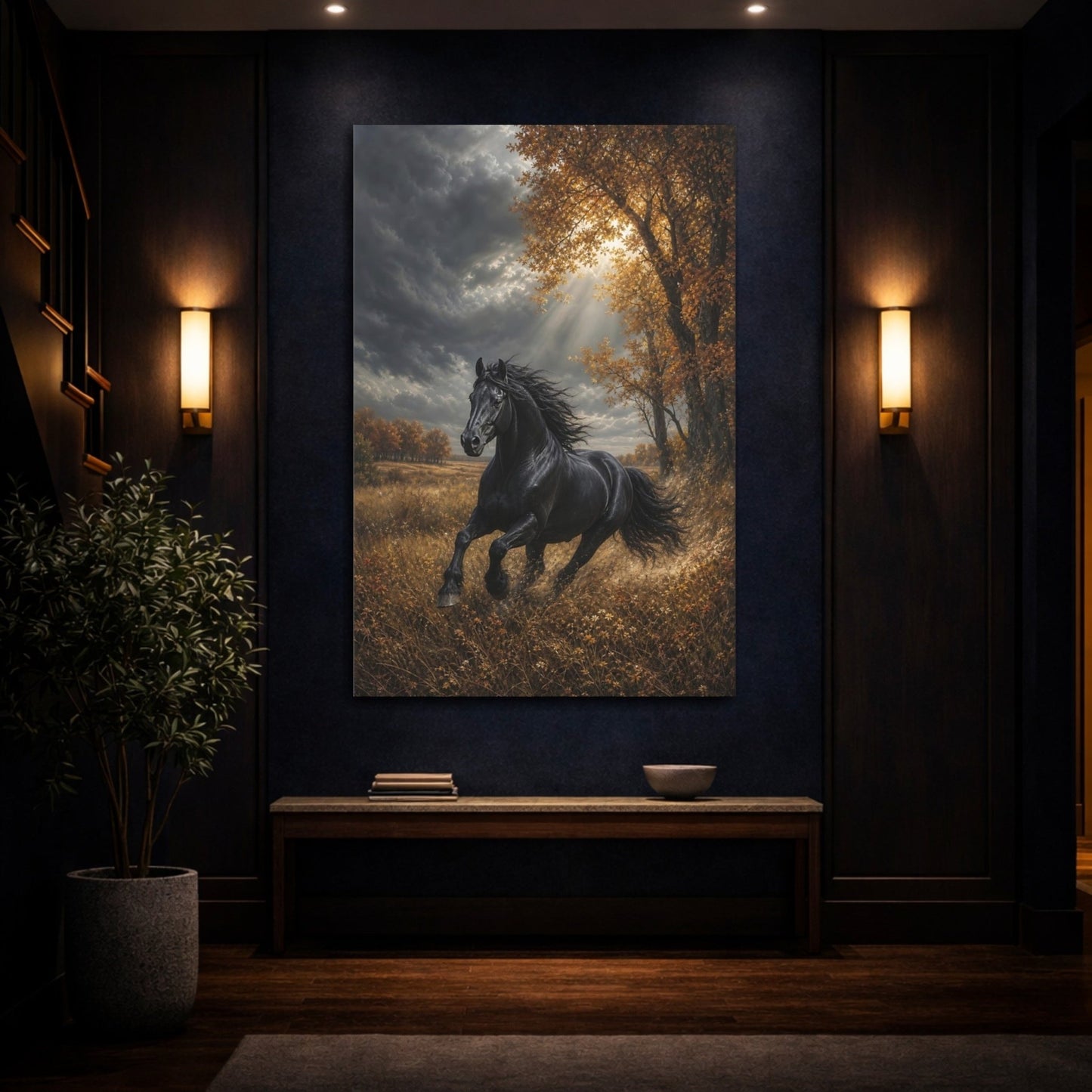 Embroidered Textile Landscape Illusion Black Stallion Canvas Wall Art Print – Living Room Decor, Above Console Table - YesArtYes