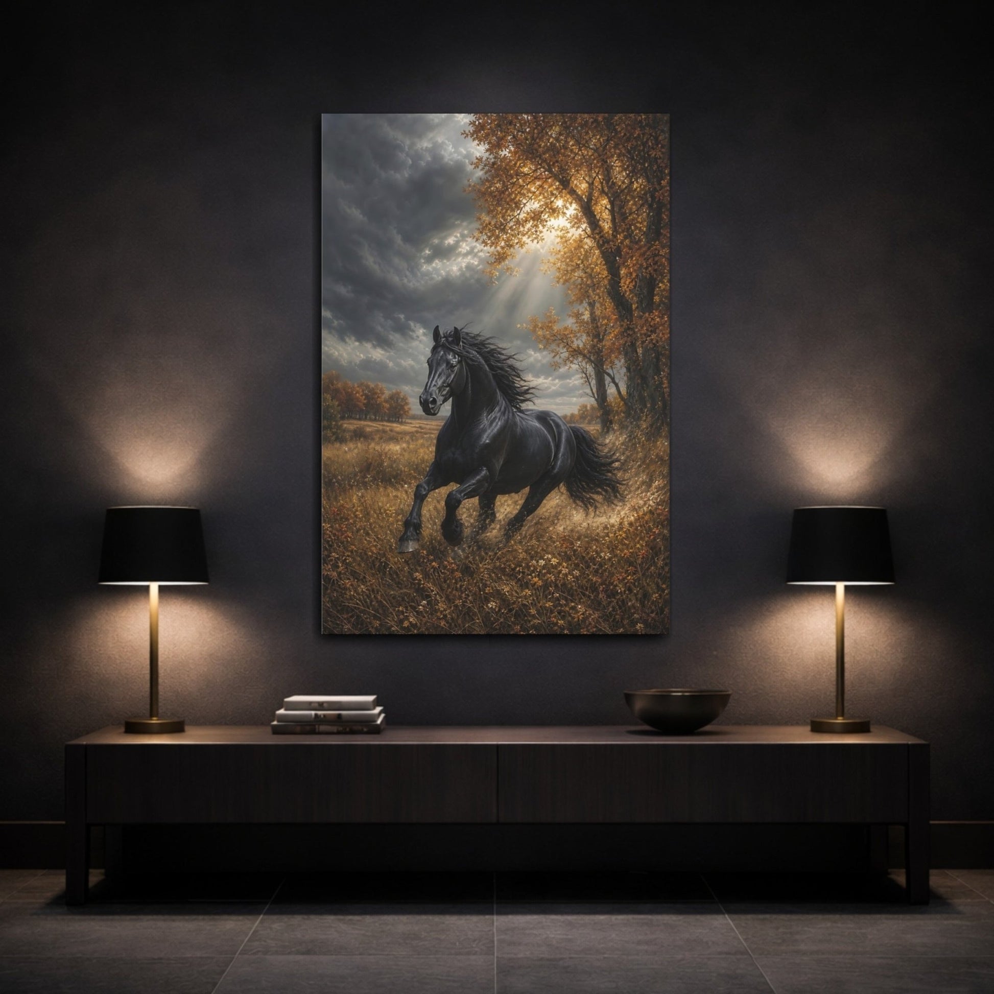 Embroidered Textile Landscape Illusion Black Stallion Canvas Wall Art Print – Living Room Decor, Above Console Table - YesArtYes