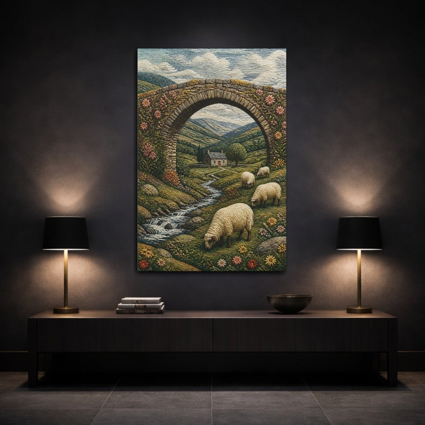 Embroidered Textile Landscape Illusion Sheep On Canvas Wall Art Print – Textured Living Room, Above Console Table - YesArtYes