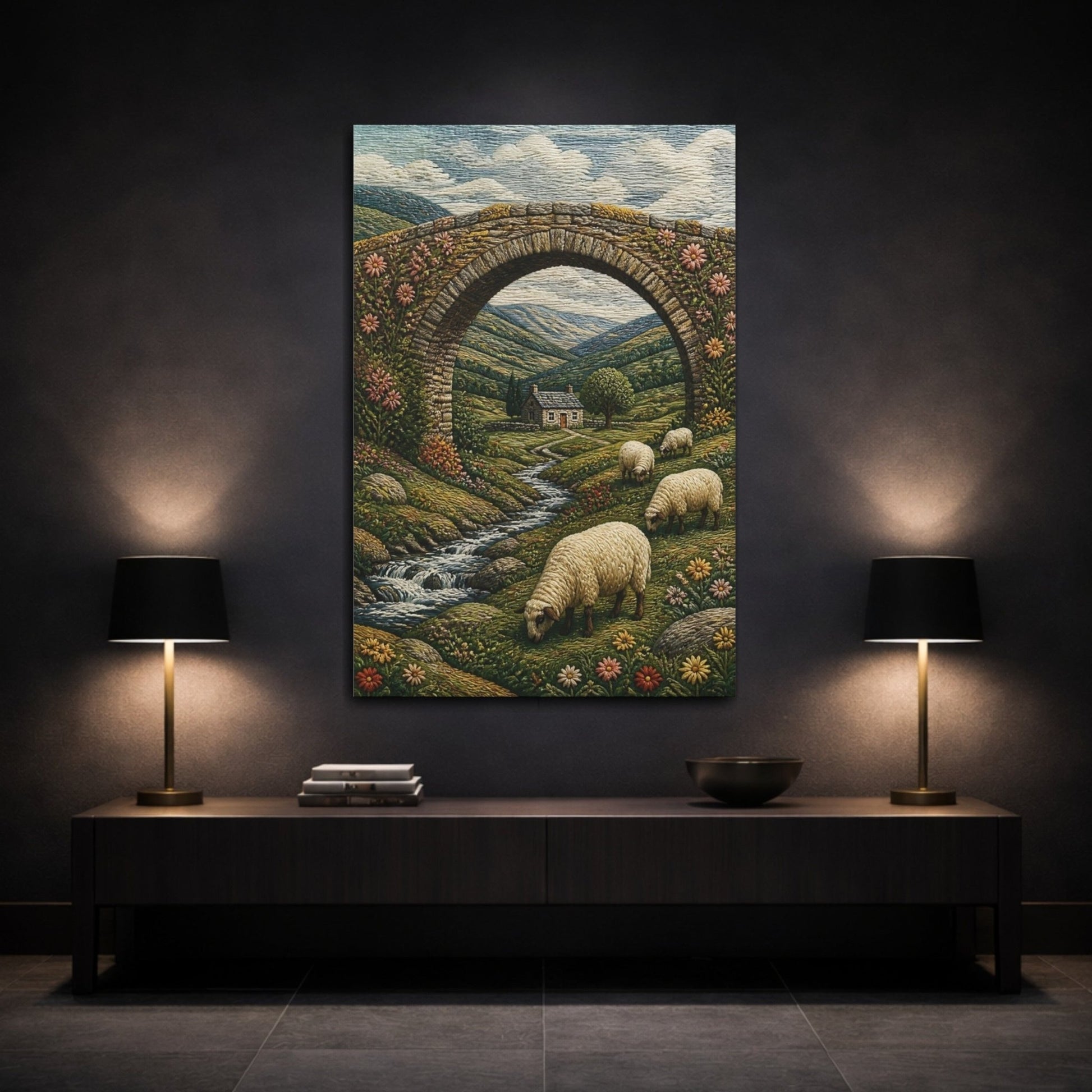 Embroidered Textile Landscape Illusion Sheep On Canvas Wall Art Print – Textured Living Room, Above Console Table - YesArtYes