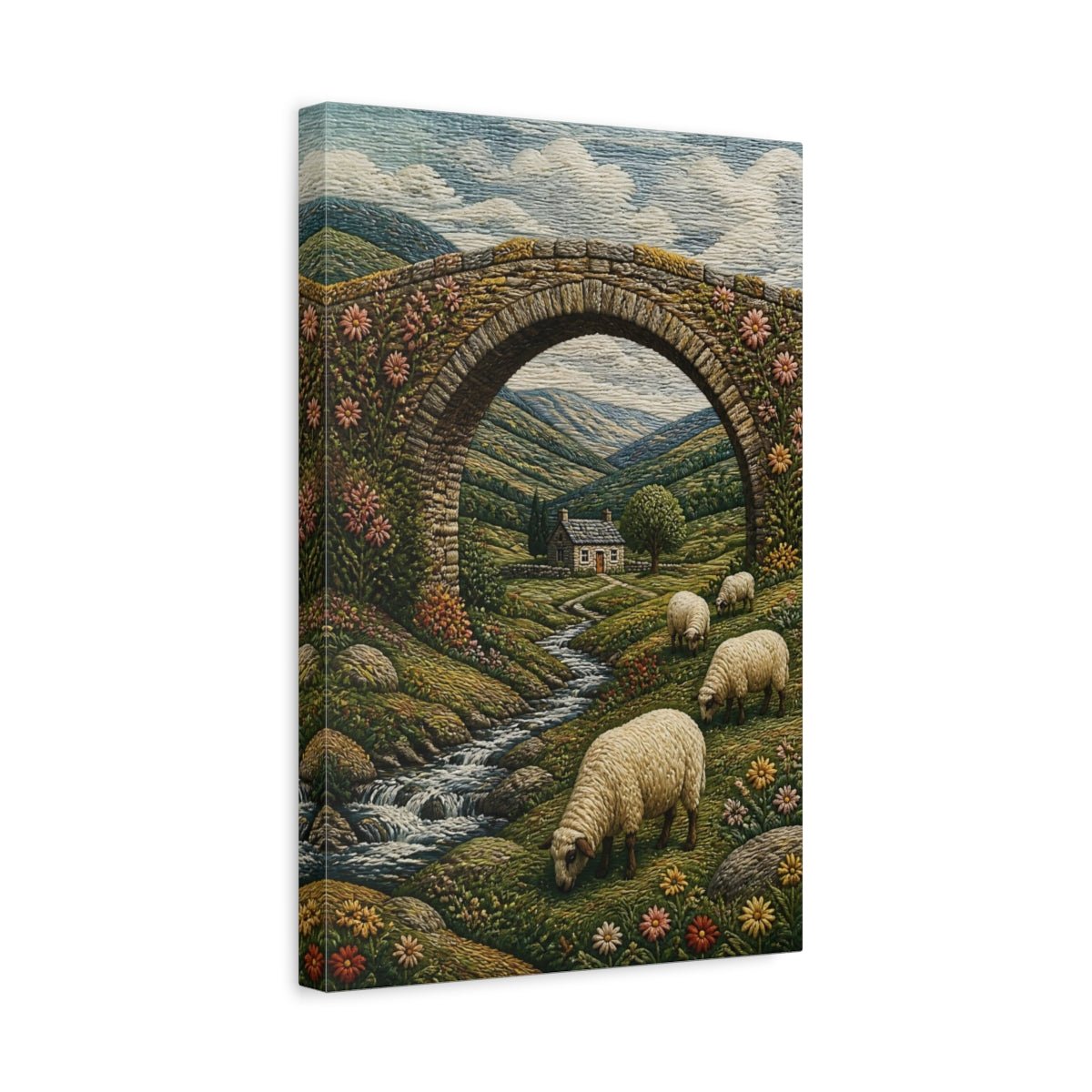 Embroidered Textile Landscape Illusion Sheep On Canvas Wall Art Print – Textured Living Room, Above Console Table - YesArtYes